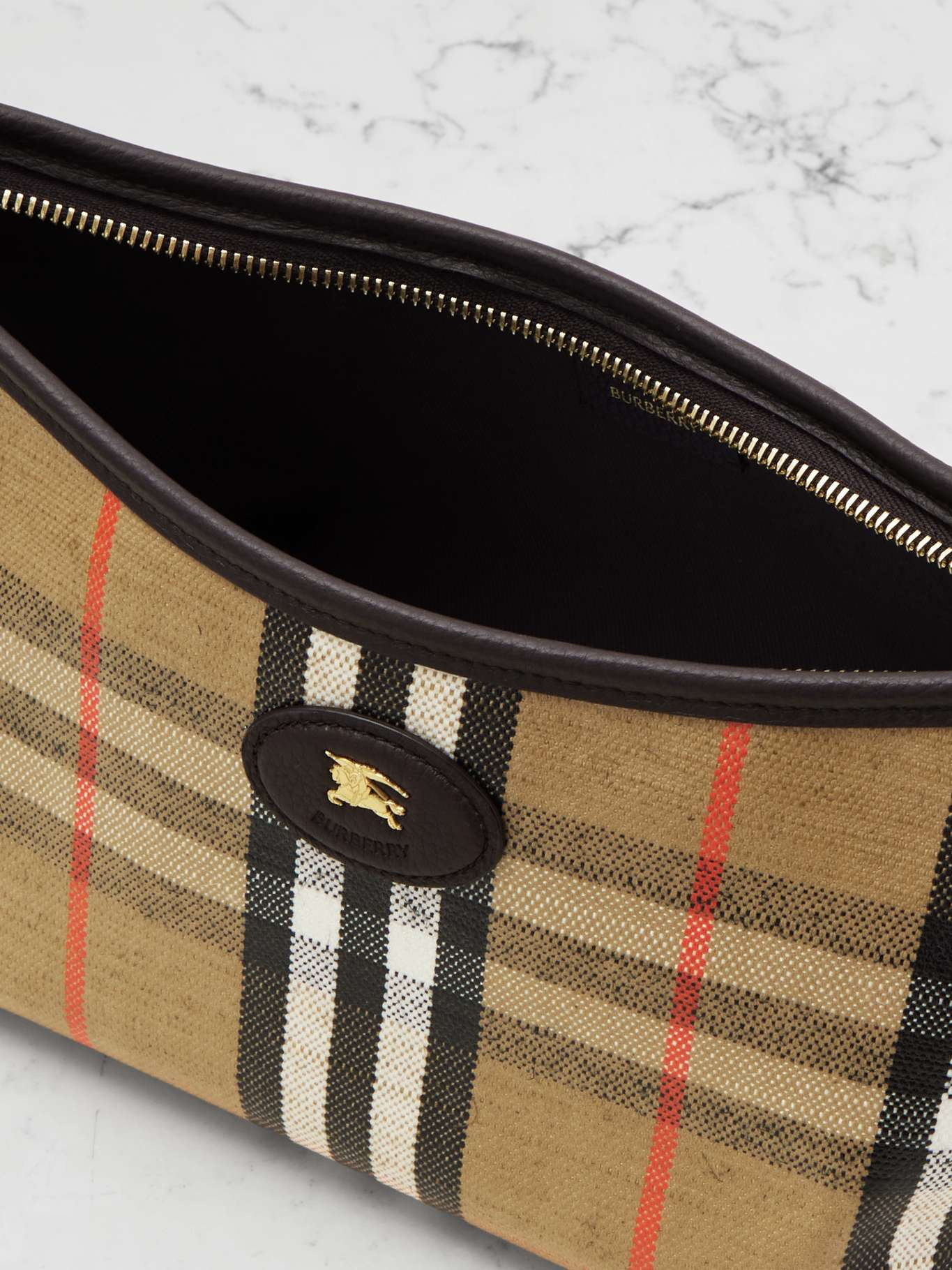 Leather-trimmed checked canvas shoulder bag Sand - 5
