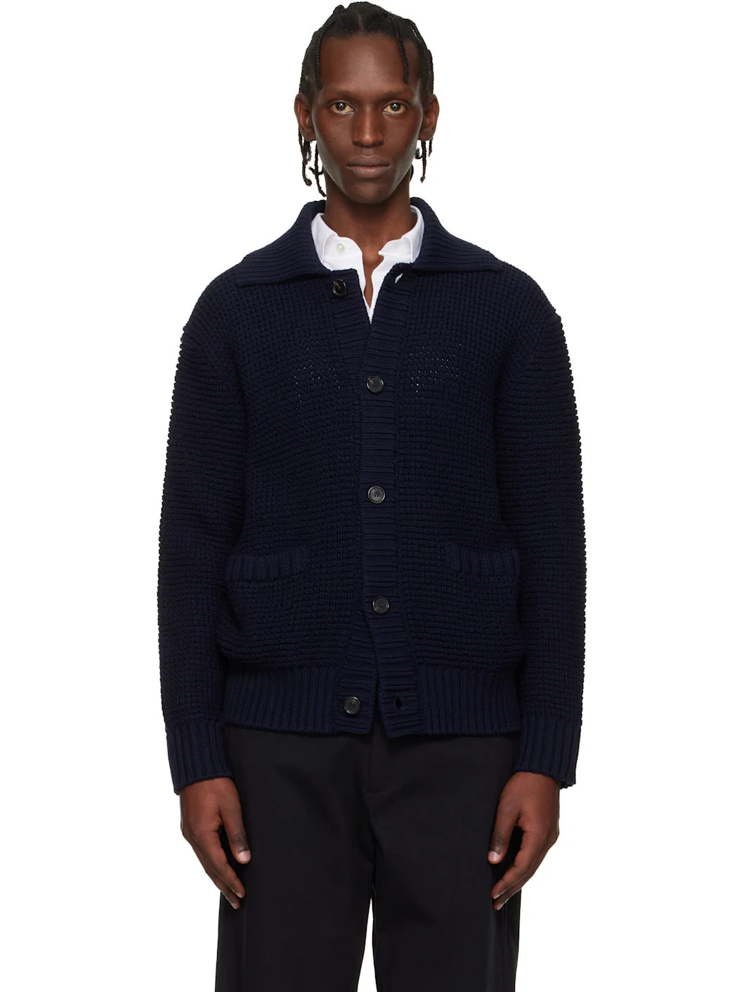 Navy Spread Collar Cardigan - 1