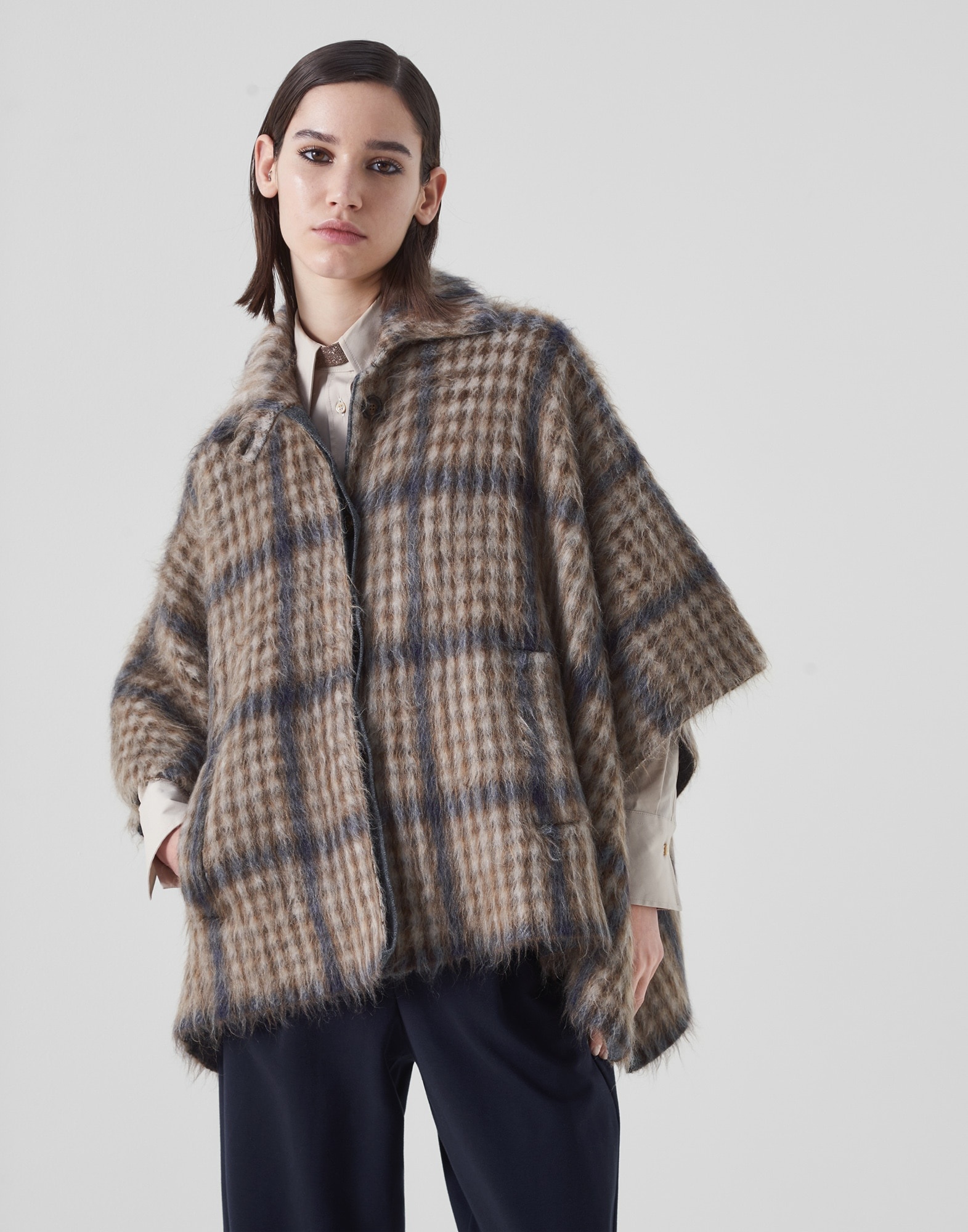 Tartan intarsia double knit cape in virgin wool, mohair and cashmere - 1