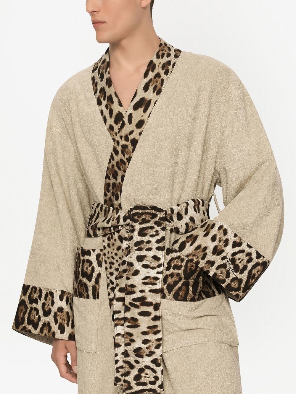 leopard-print trim belted bathrobe - 6