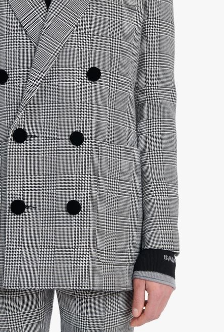 White and black glen plaid wool blazer with black velvet collar - 8