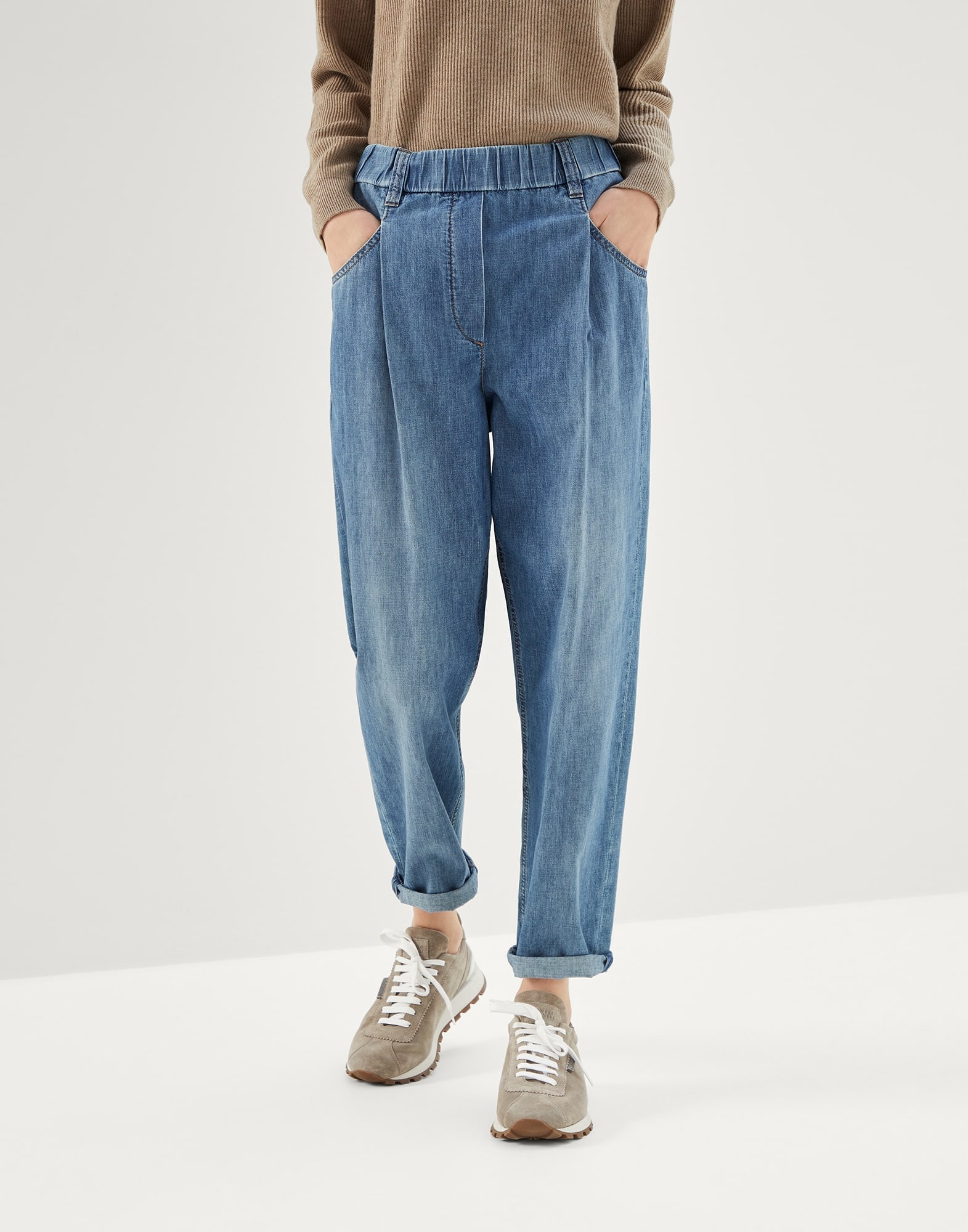 Lightweight denim baggy trousers with shiny tab - 1
