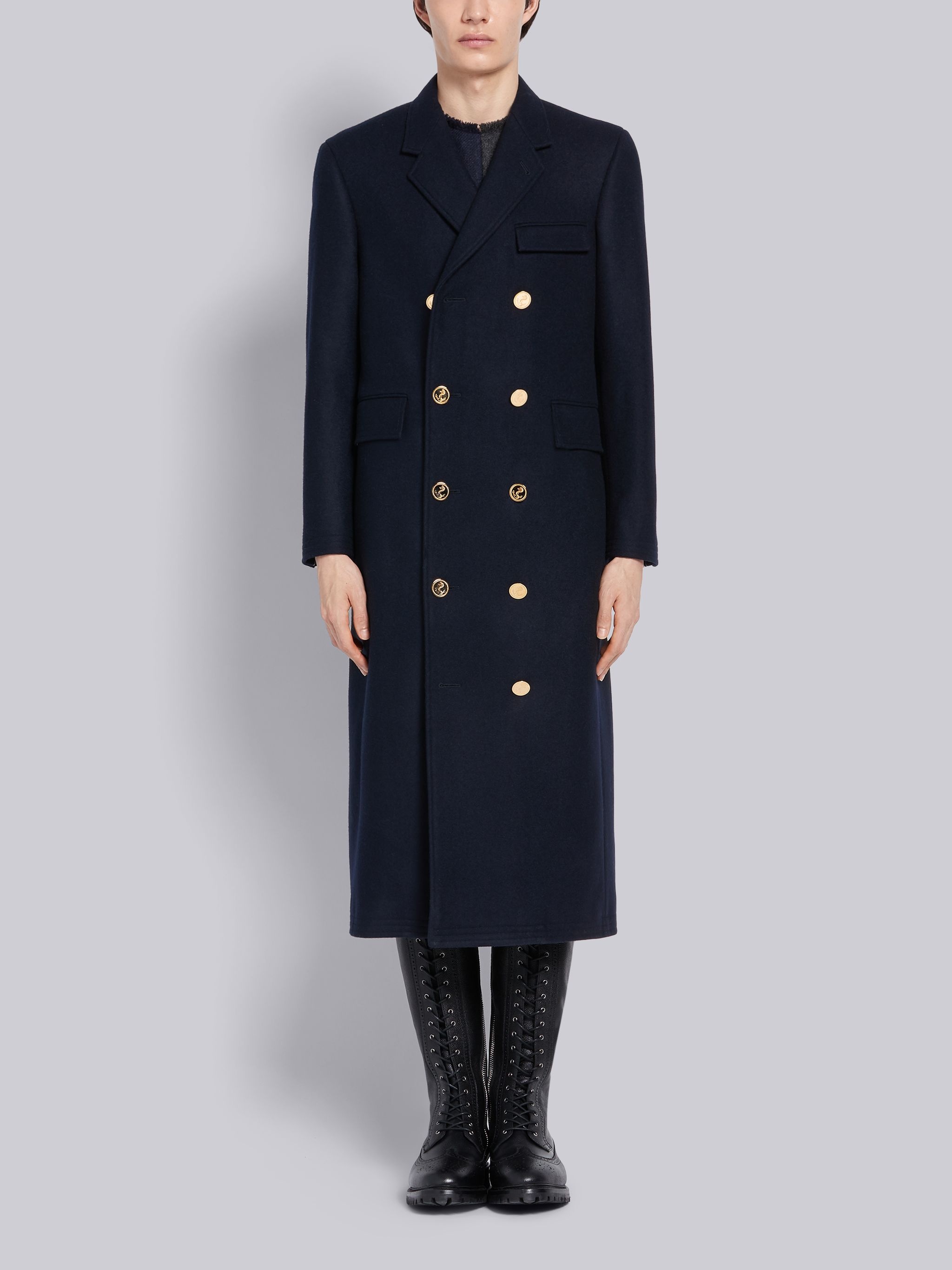 Navy Melton Wool Long Chesterfield Overcoat - 1