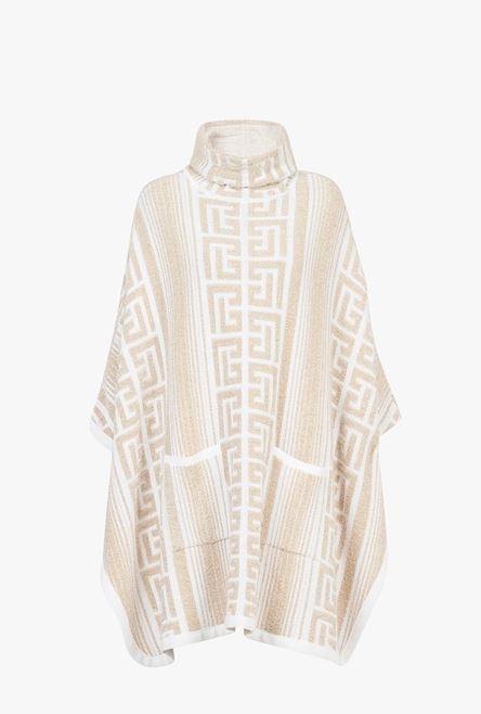 Sand-colored and white knit poncho with Balmain monogram - 1