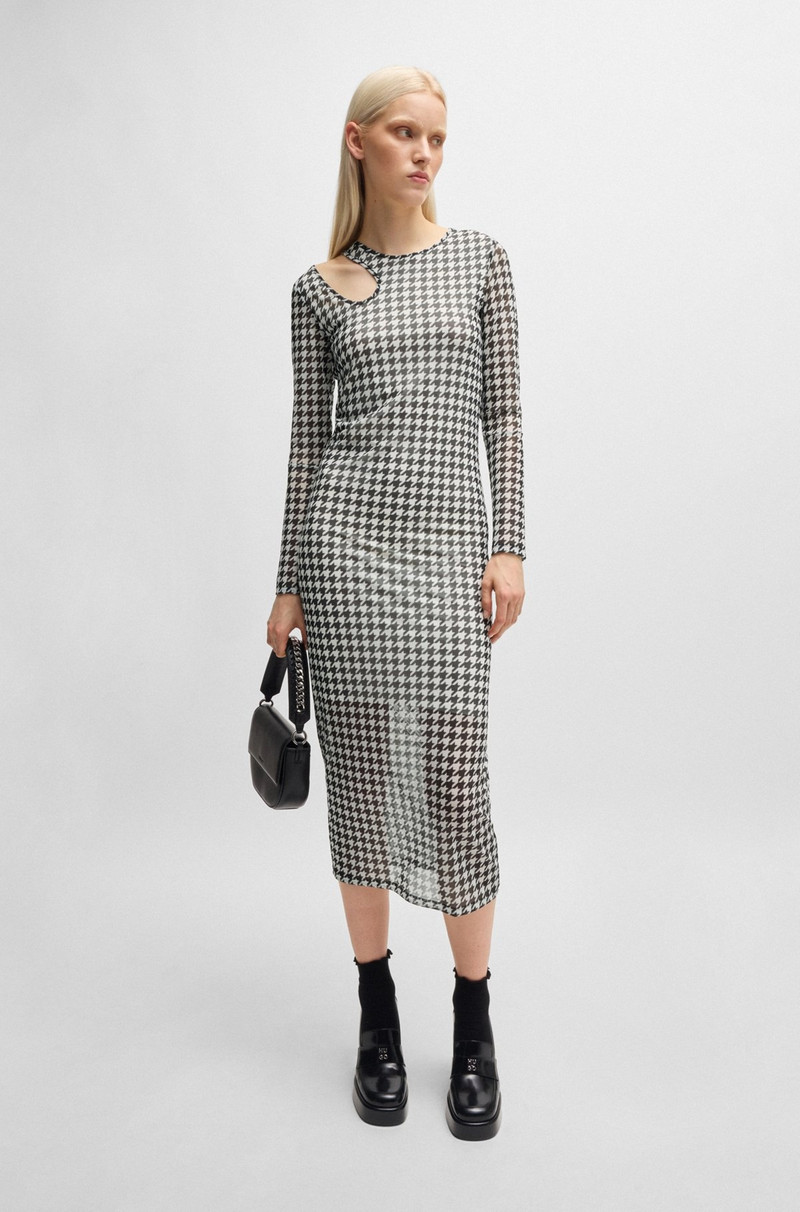 HUGO HOUNDSTOOTH MESH MIDI DRESS WITH CUT-OUT NECKLINE outlook