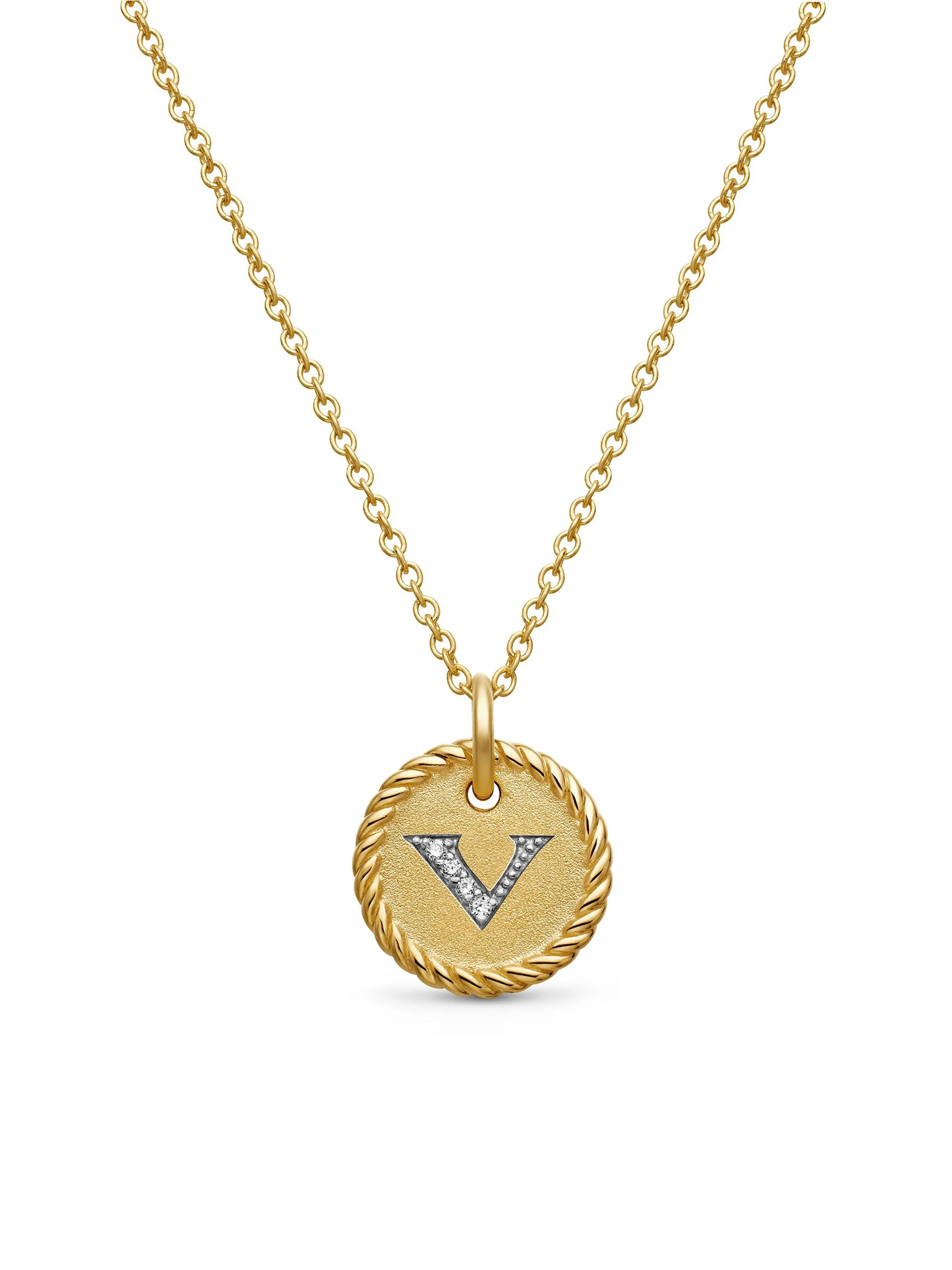 Women's Initial Charm Necklace in 18K Yellow Gold with Pavé Diamonds - Initial V - 1