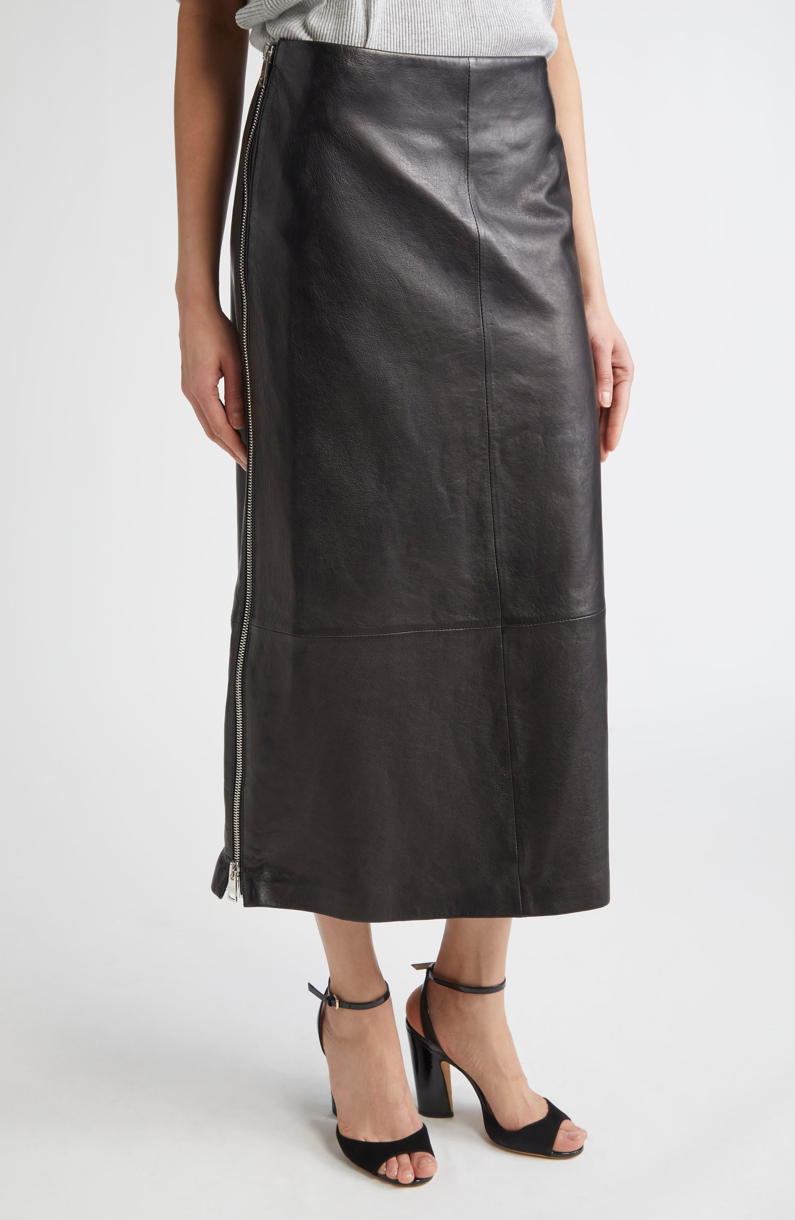Brandon Maxwell Leather Midi Skirt in Black at Nordstrom - 1