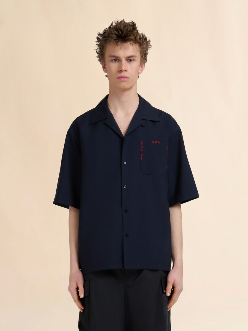 DEEP BLUE TROPICAL WOOL BOWLING SHIRT WITH MARNI MENDING - 2