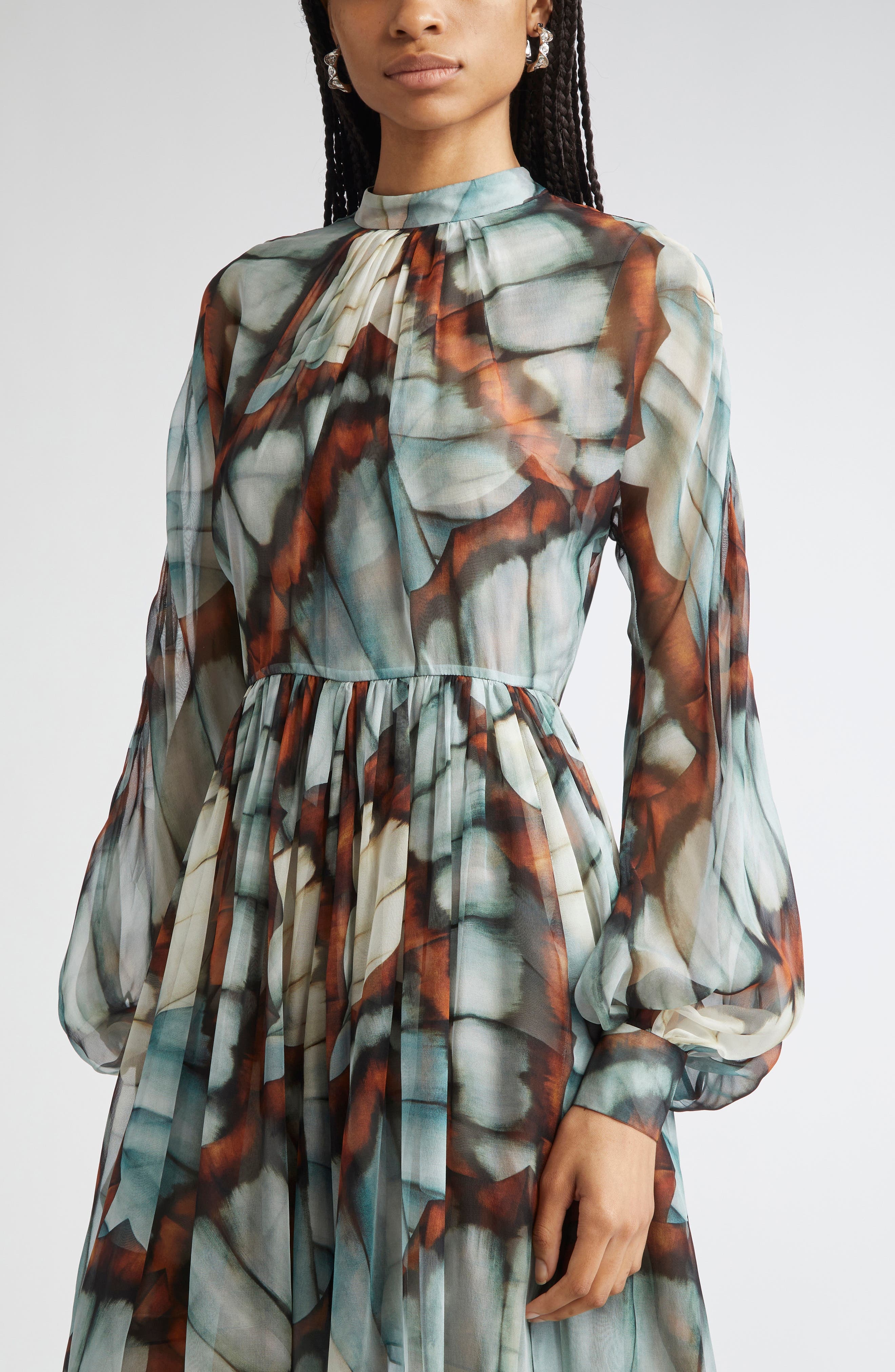 Oscar de la Renta Butterfly Print Long Sleeve Silk Chiffon Gown in Blue Multi at Nordstrom - 4