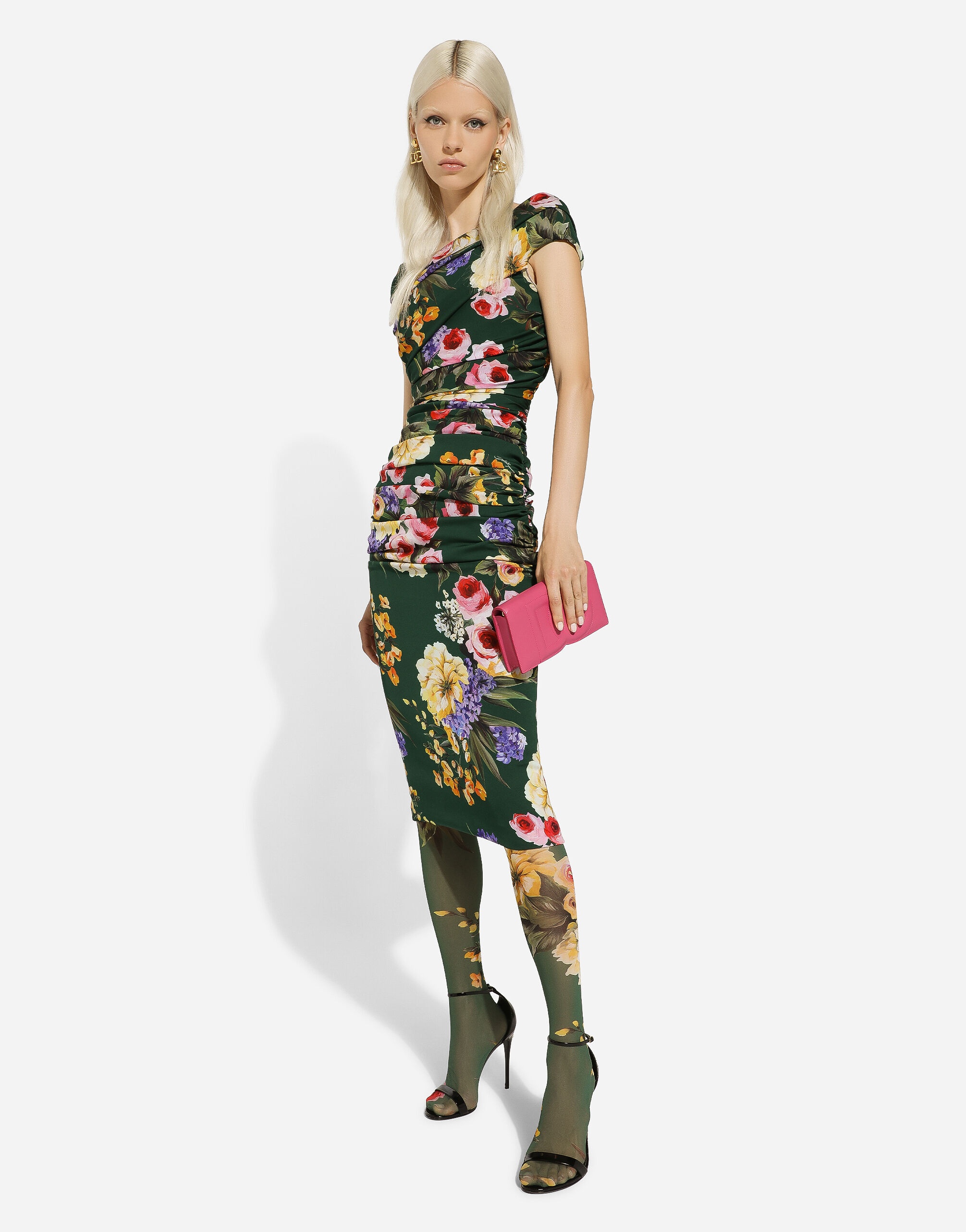 Charmeuse draped sheath dress with garden print - 5