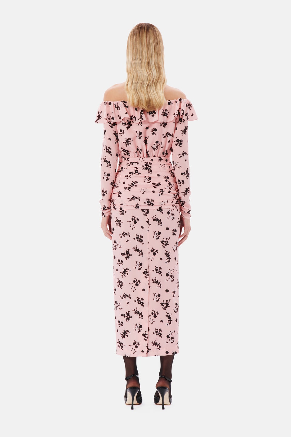 ROSE PRINT SILK OFF THE SHOULDER DRESS - 5
