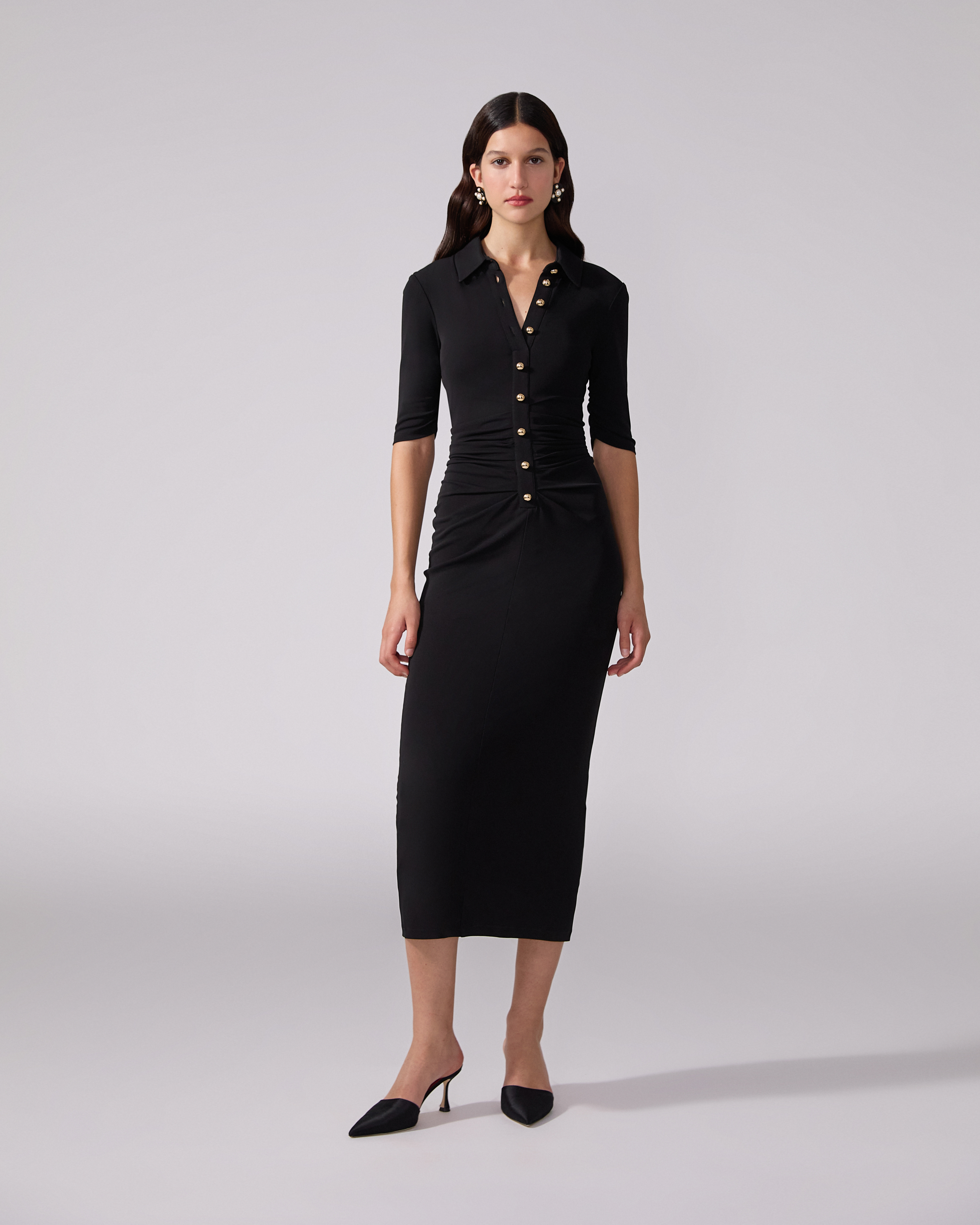 Ruched Button-Front Midi Dress - 2