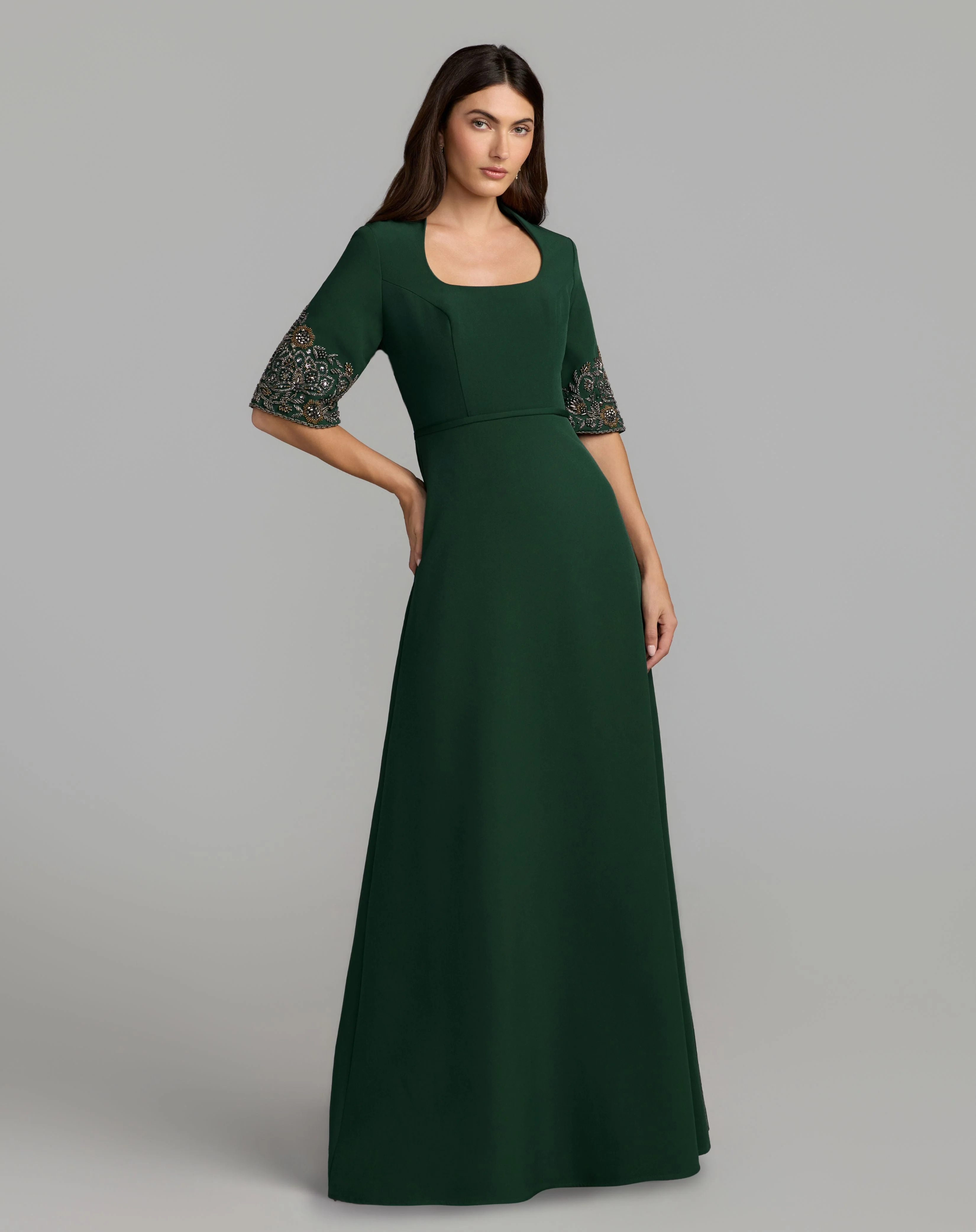 Deep Green Scoop Neck Beaded Sleeve Crepe Gown - 1