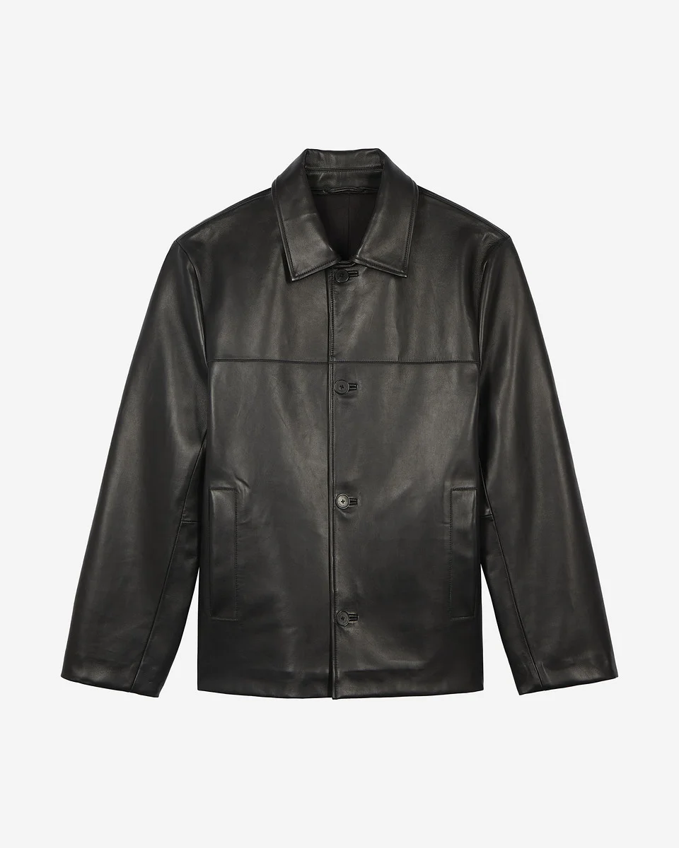BLACK LEATHER BUTTON-DOWN JACKET - 1