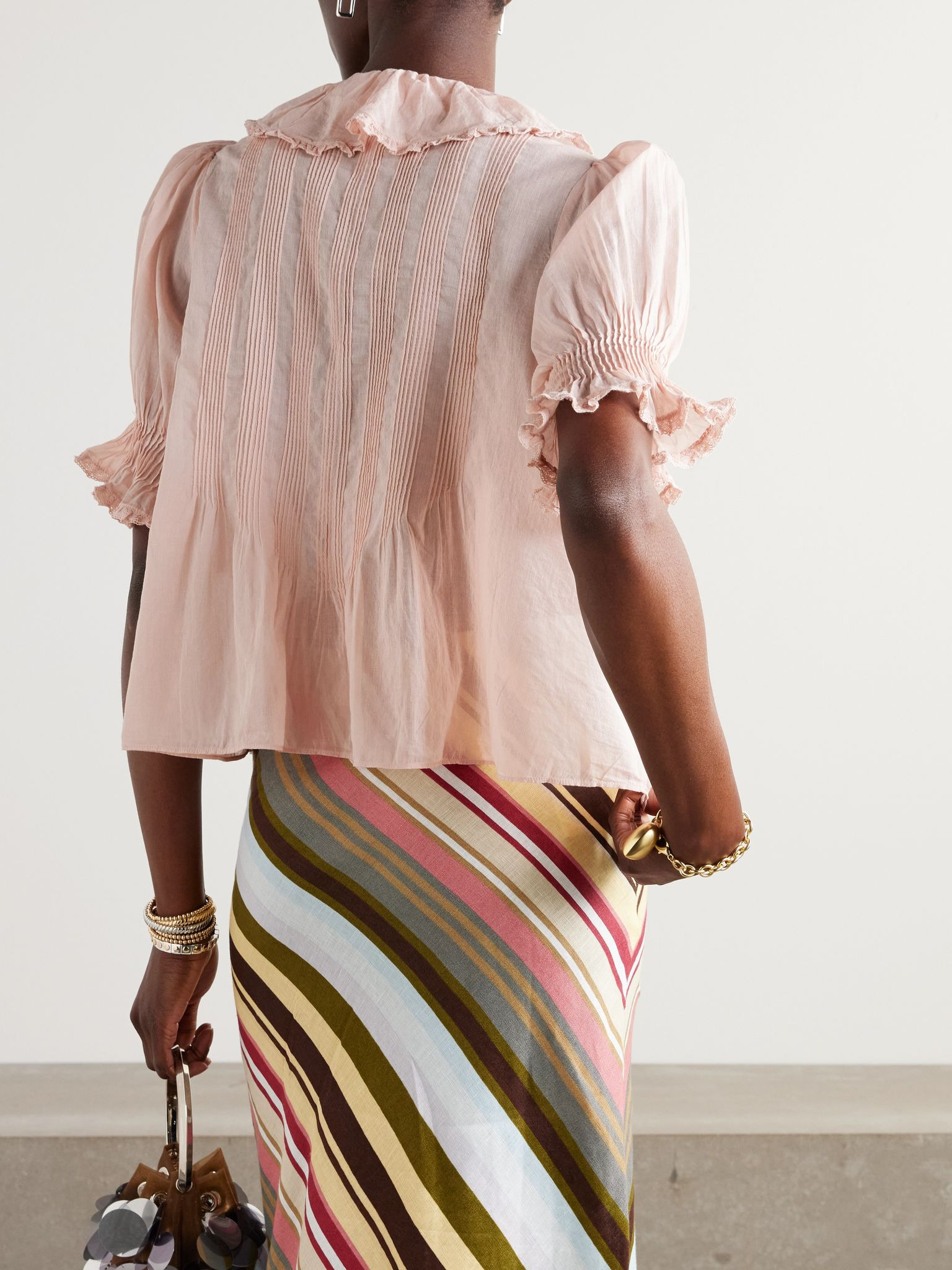 Henri lace-trimmed ruffled pintucked organic cotton-voile blouse Blush - 4