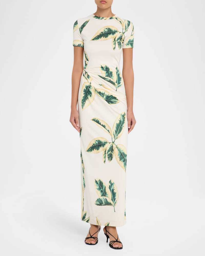 Oscar de la Renta Short-Sleeve Ficus-Print Draped Maxi Dress outlook