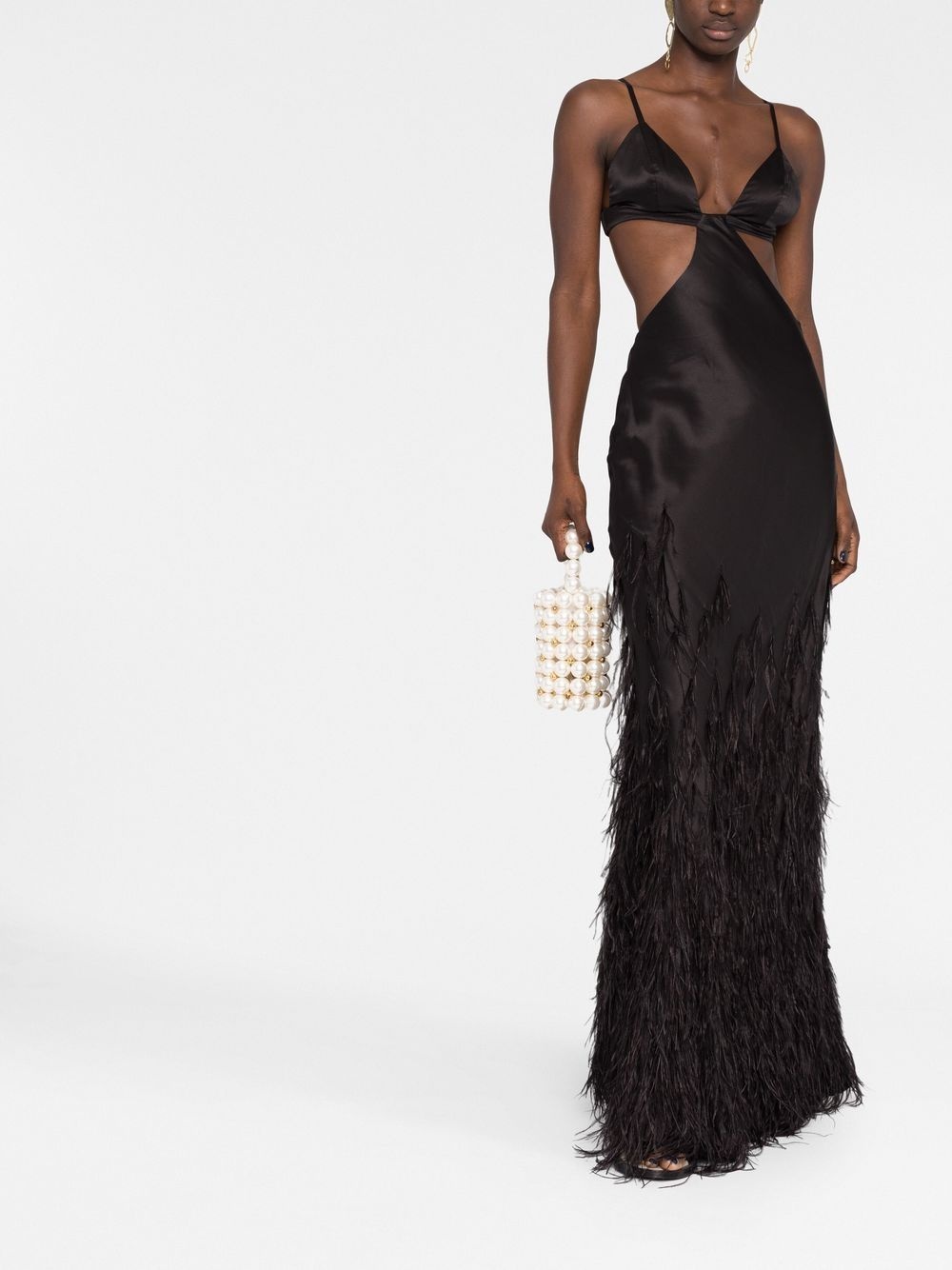 cutout-detail feather-trimmed long dress - 2