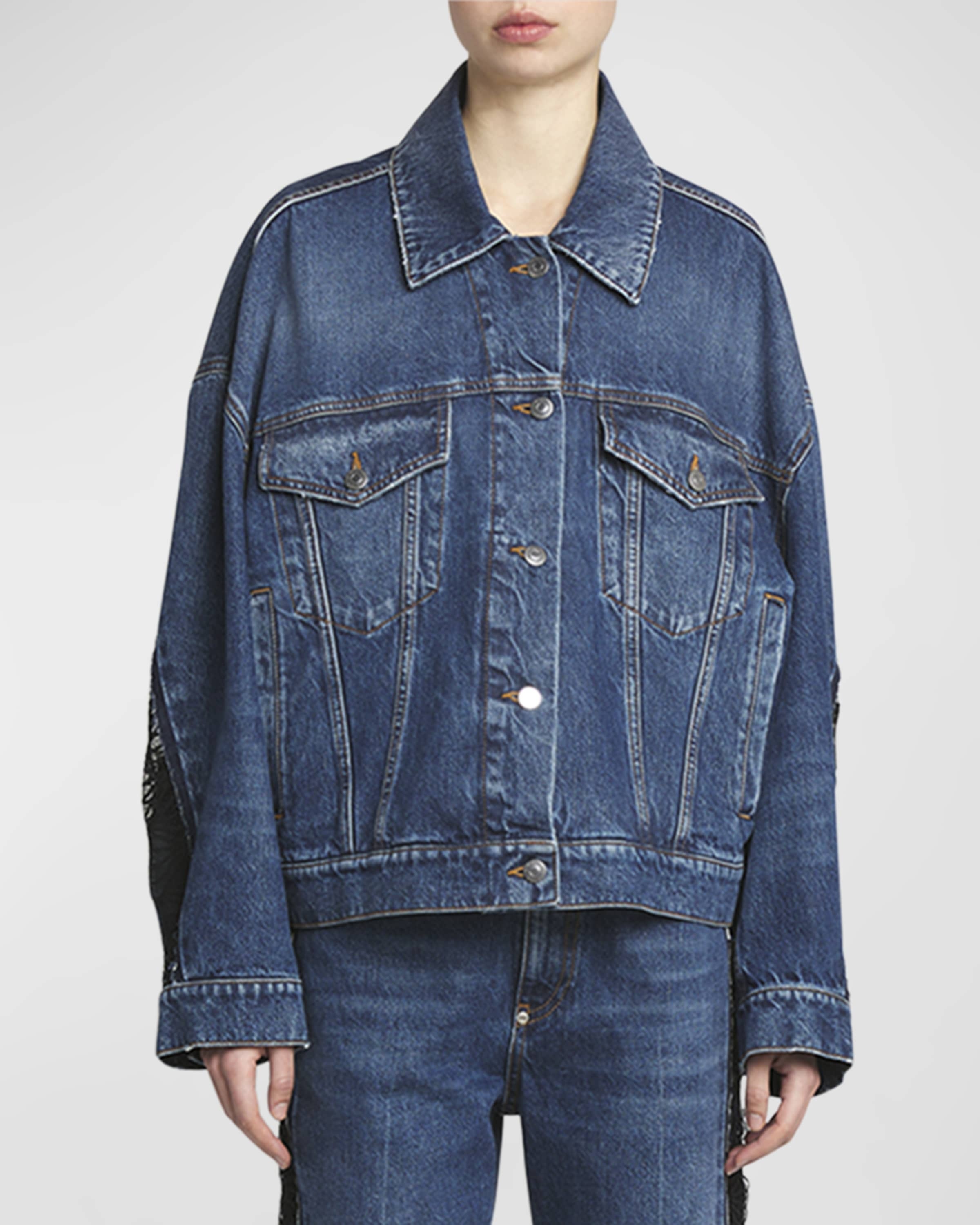 Lace-Detail Oversized Blu Vintage Denim Jacket - 2