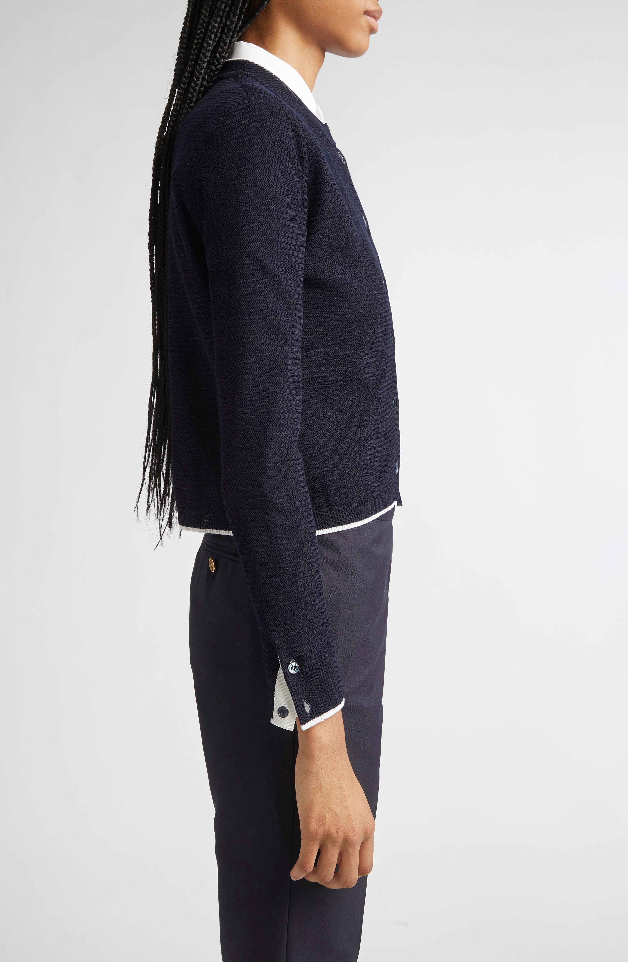 Thom Browne Textured Stitch Virgin Wool Crewneck Cardigan in Navy at Nordstrom - 3