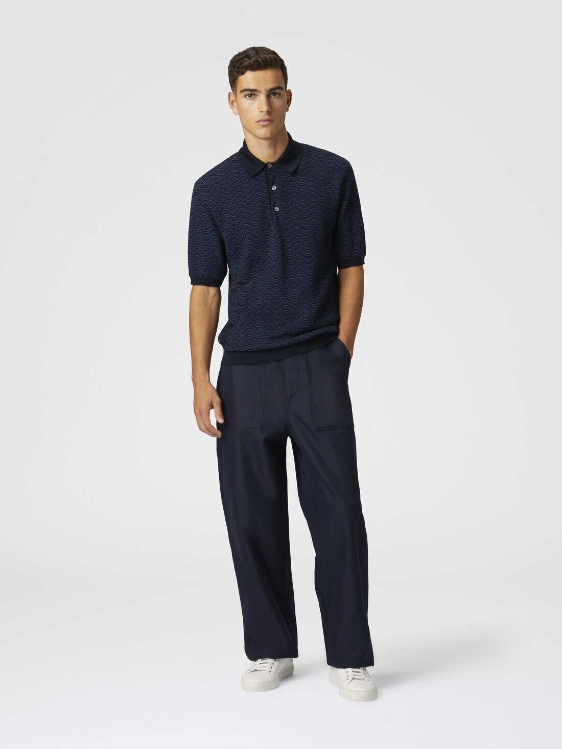 Virgin wool and viscose polo shirt with wave motif - 2