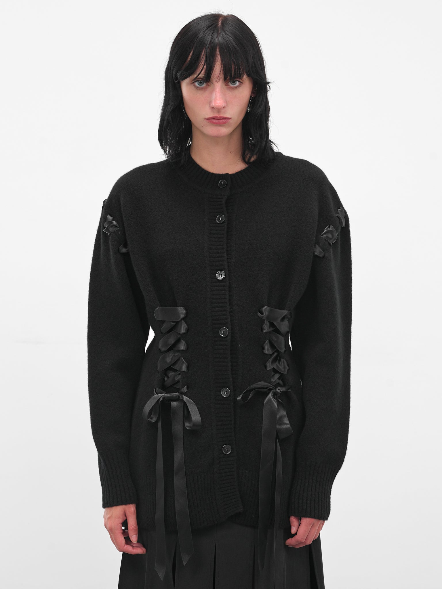 Black Wool Ribbon Corset Cardigan - 1