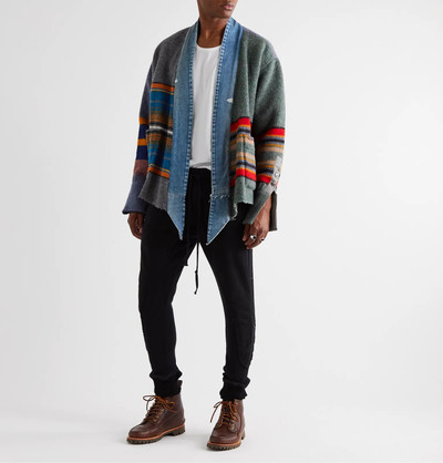 Greg Lauren Frayed Denim-Trimmed Striped Boiled Wool and Cotton-Blend Jacket outlook