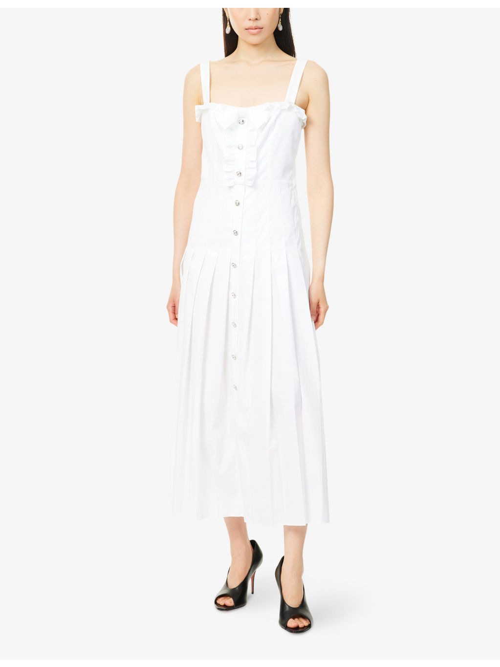 Pleated Shoulder-Straps Cotton-Poplin Midi Dress - 3