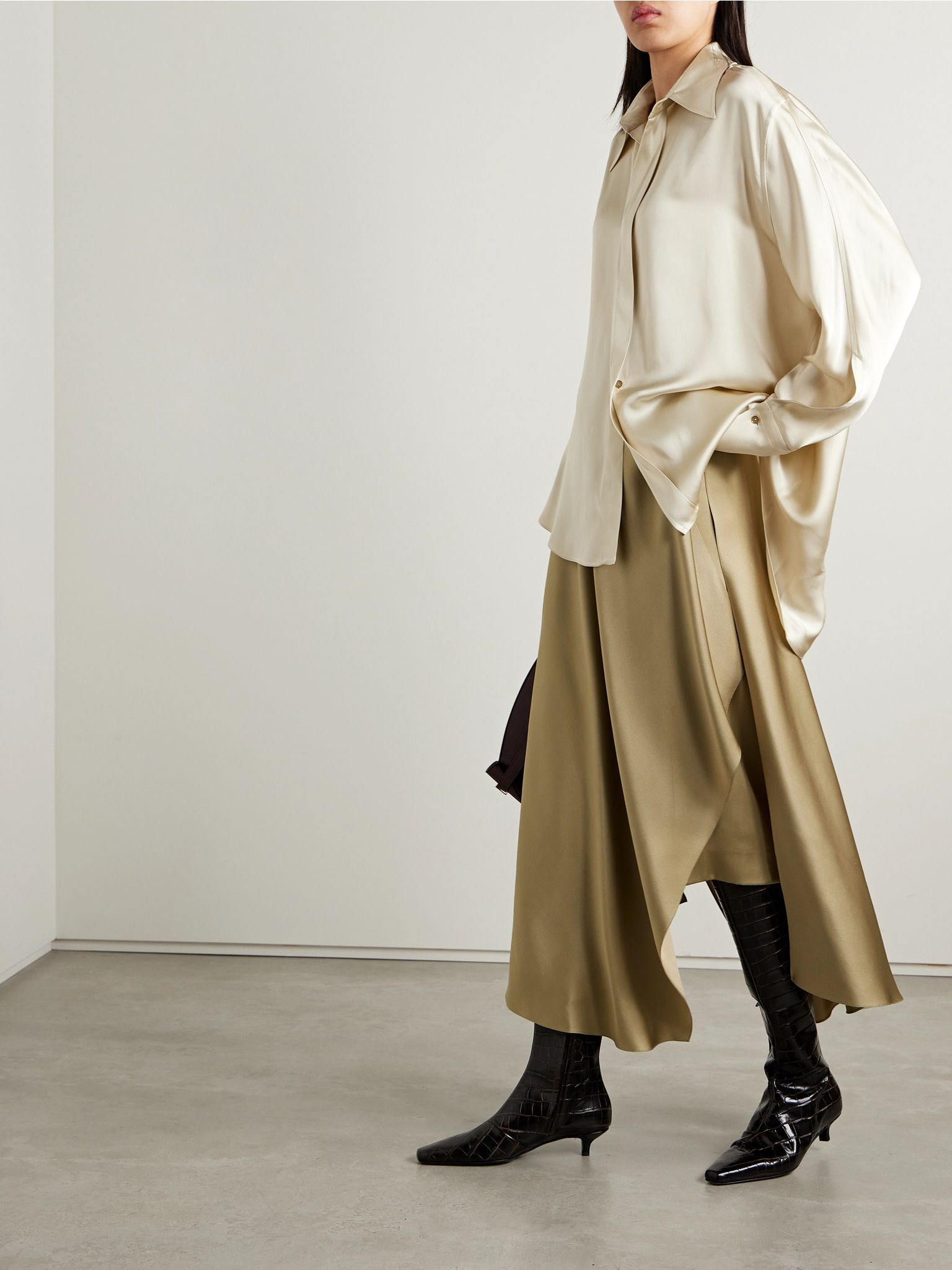 Layered silk-satin midi skirt Beige - 2