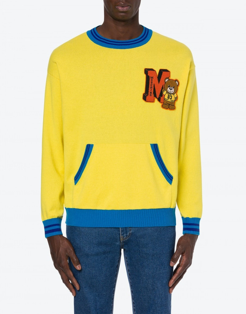Moschino REGENERATED CASHMERE AND COTTON VARSITY TEDDY BEAR SWEATER outlook
