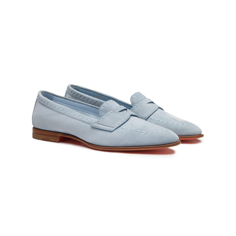 Santoni Women's light blue suede penny loafer outlook