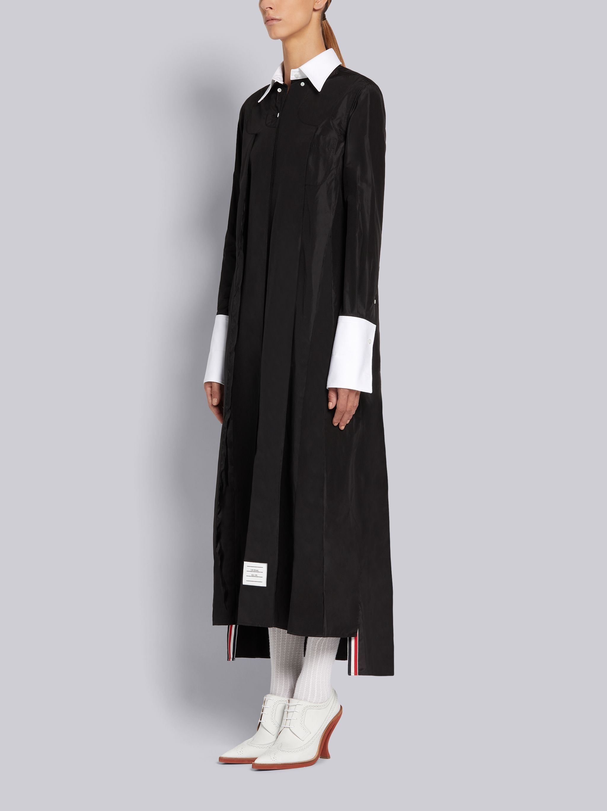 Black Silk Taffeta Long Sleeve French Cuff Inverted Pleat Ankle Length Shirtdress - 2