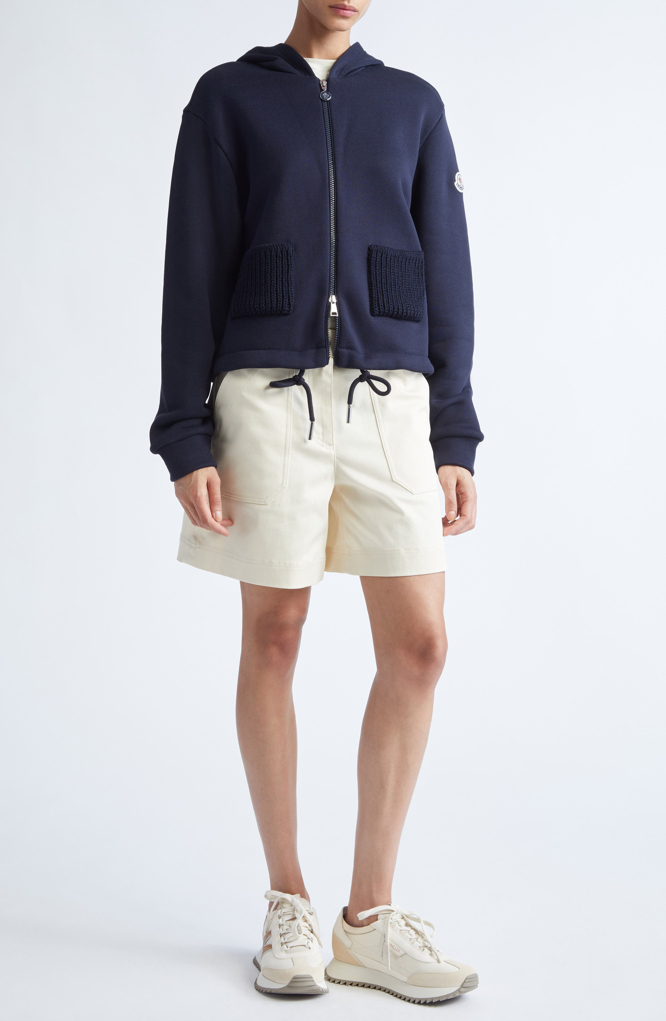 Moncler Knit Accent Cotton Blend Zip Hoodie in Dark Navy Blue at Nordstrom - 2