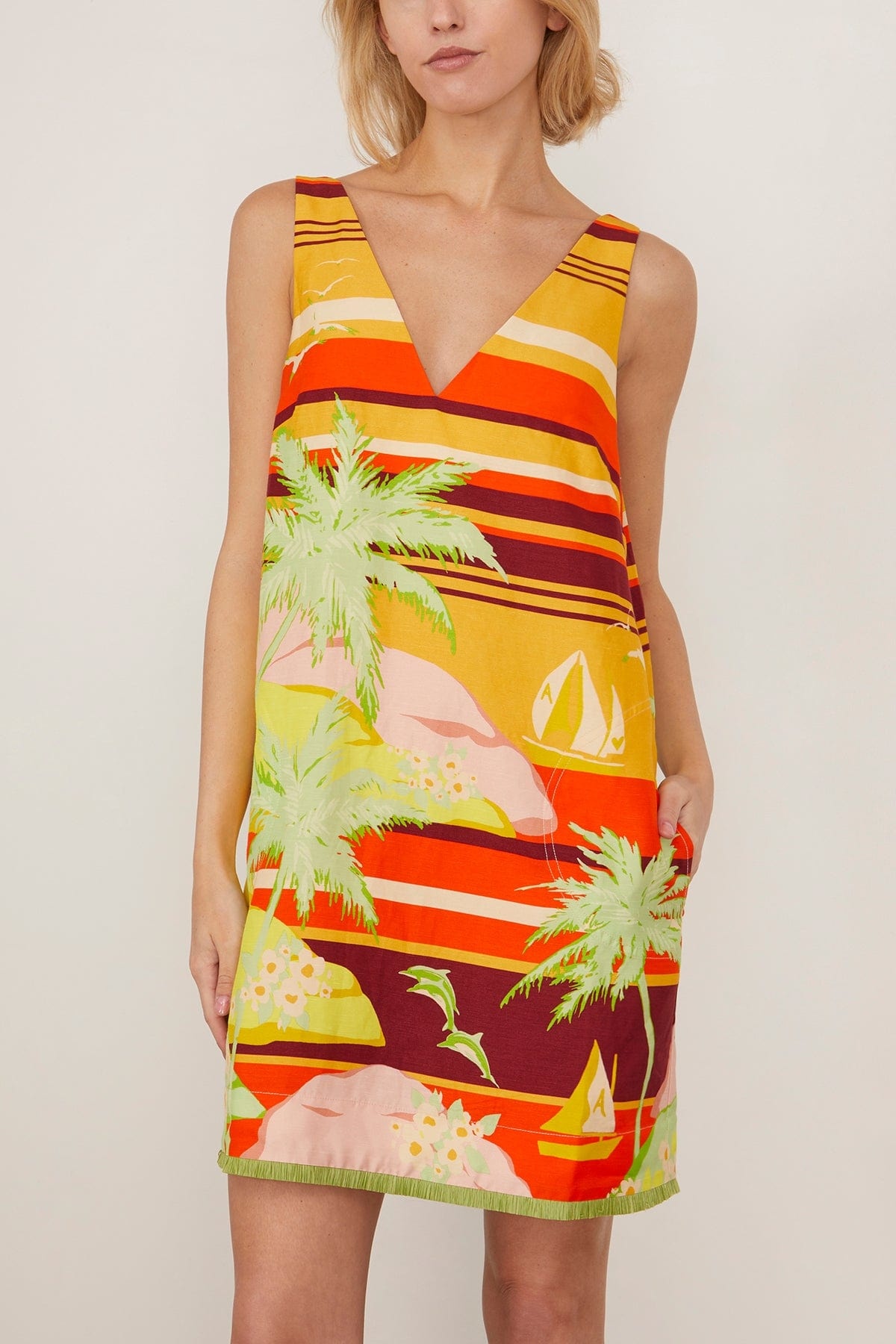 Palm Island V Neck Mini Dress in Multi - 3