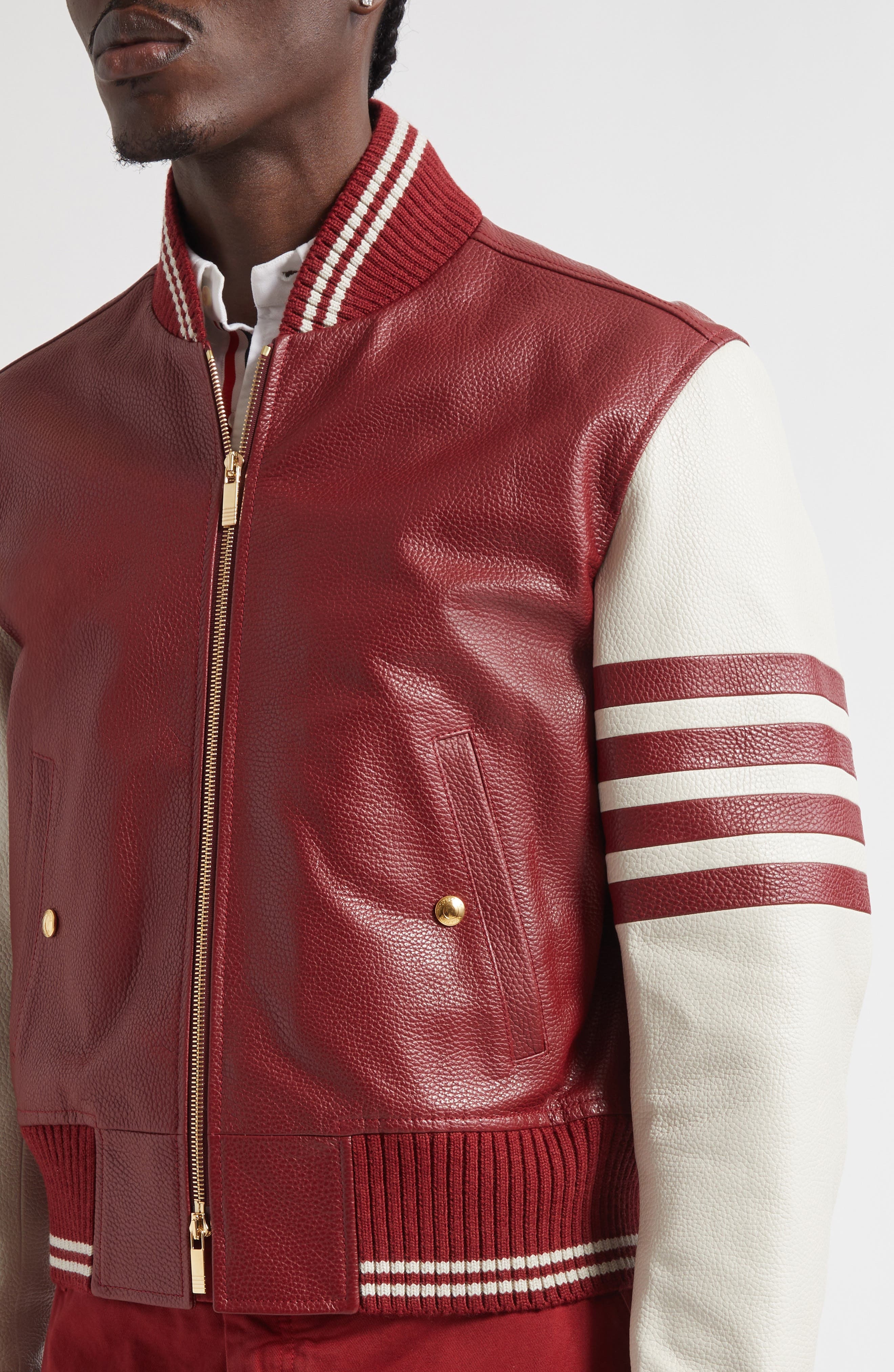 Thom Browne 4-Bar Leather Varsity Jacket in Burgundy at Nordstrom - 5