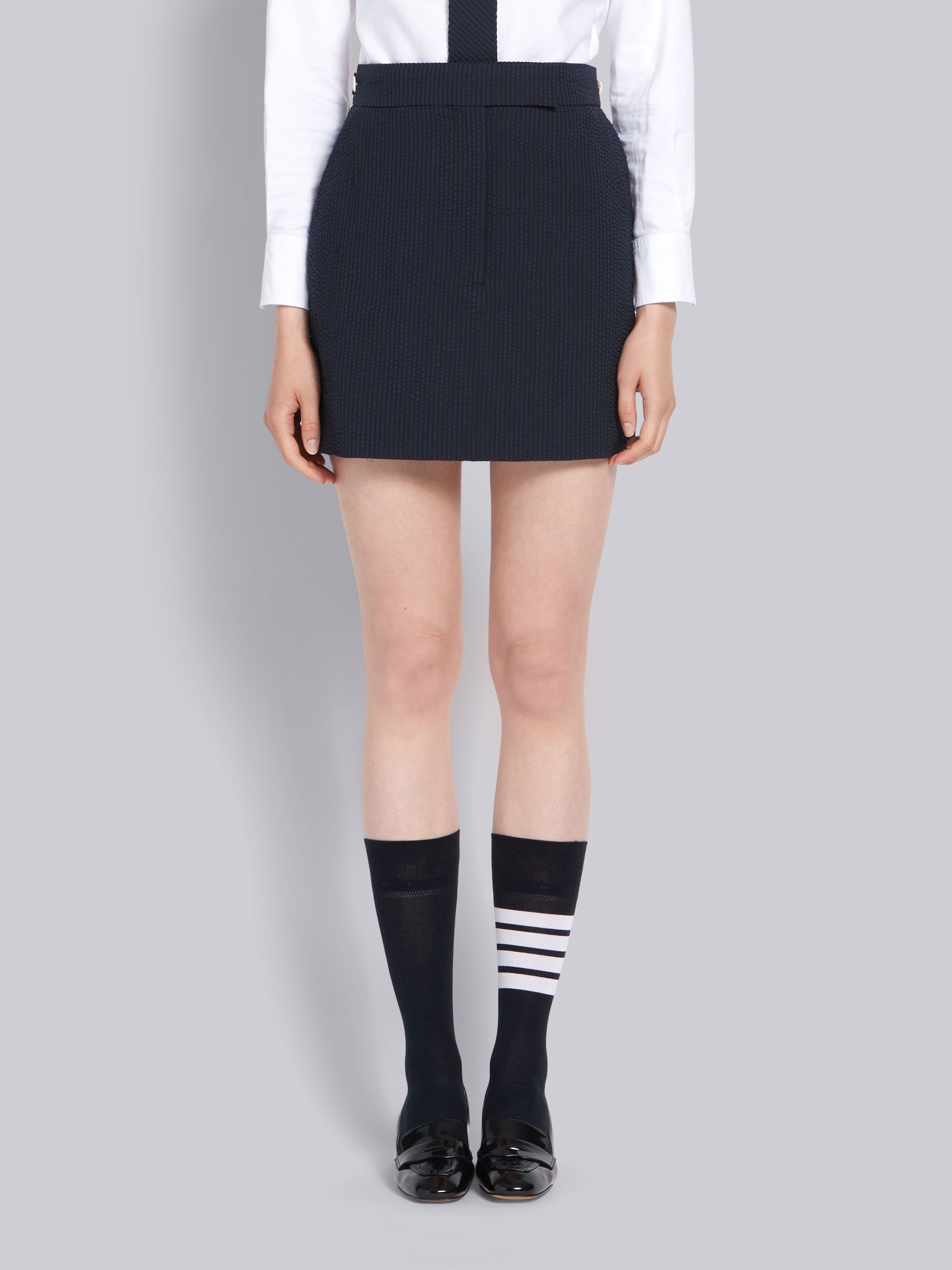 Navy Wool Seersucker Classic Mini Skirt - 1