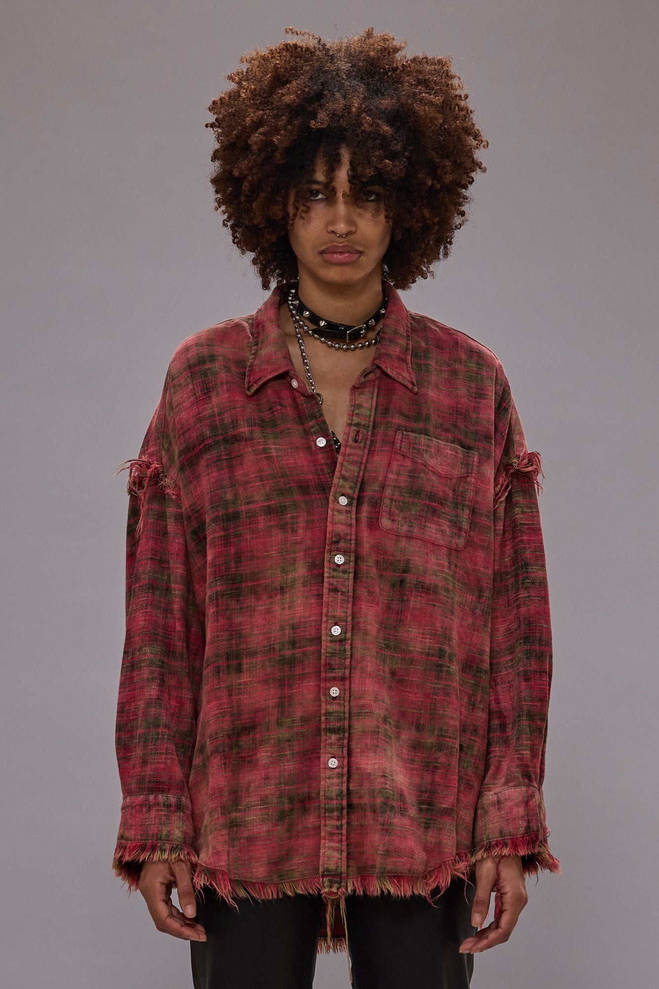 SHREDDED SEAM DROP NECK SHIRT - BLEACHED OUT RED PLAID - 2