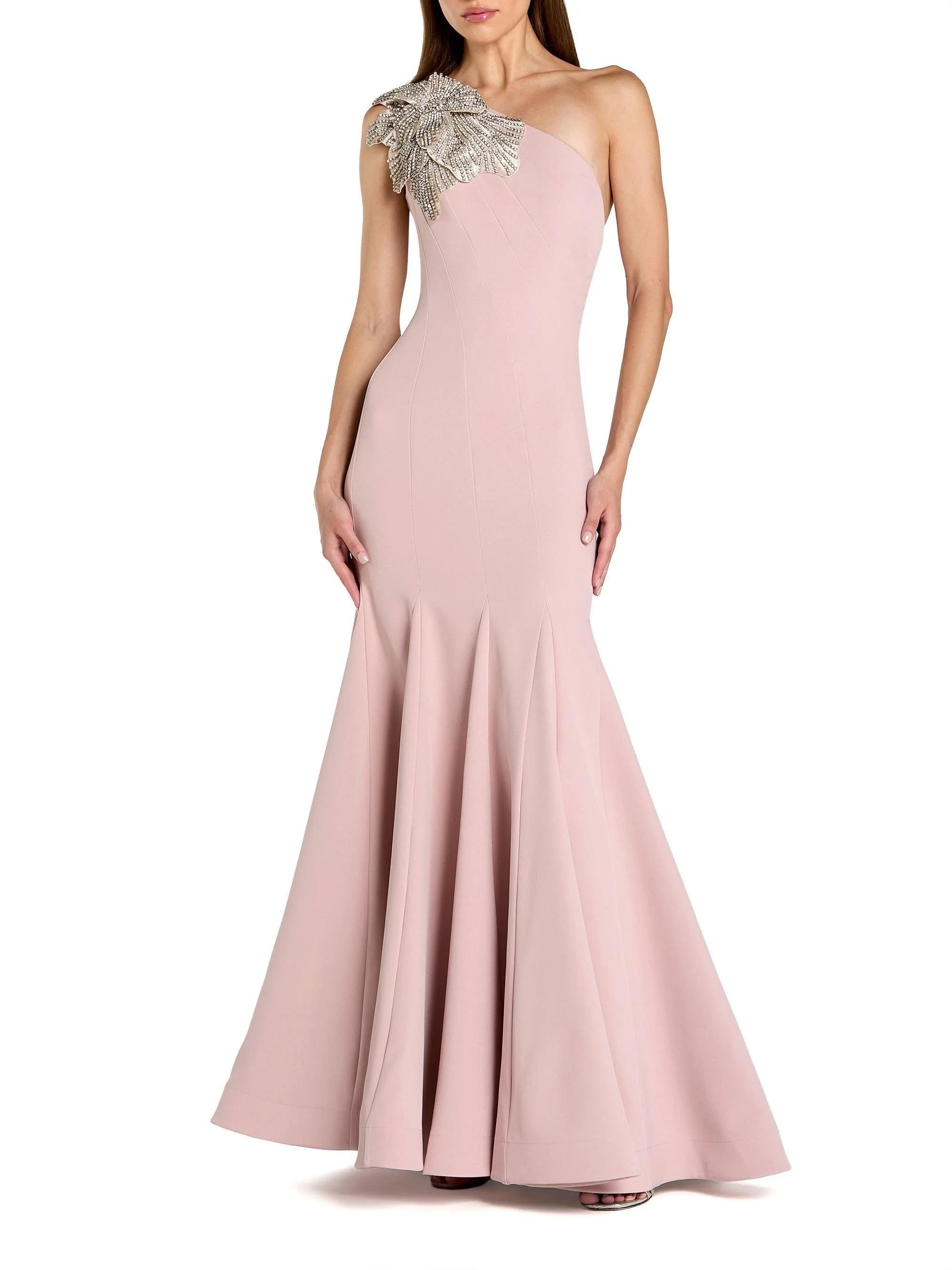 Women's Seamed Crepe One-Shoulder Gown - Rose - 1