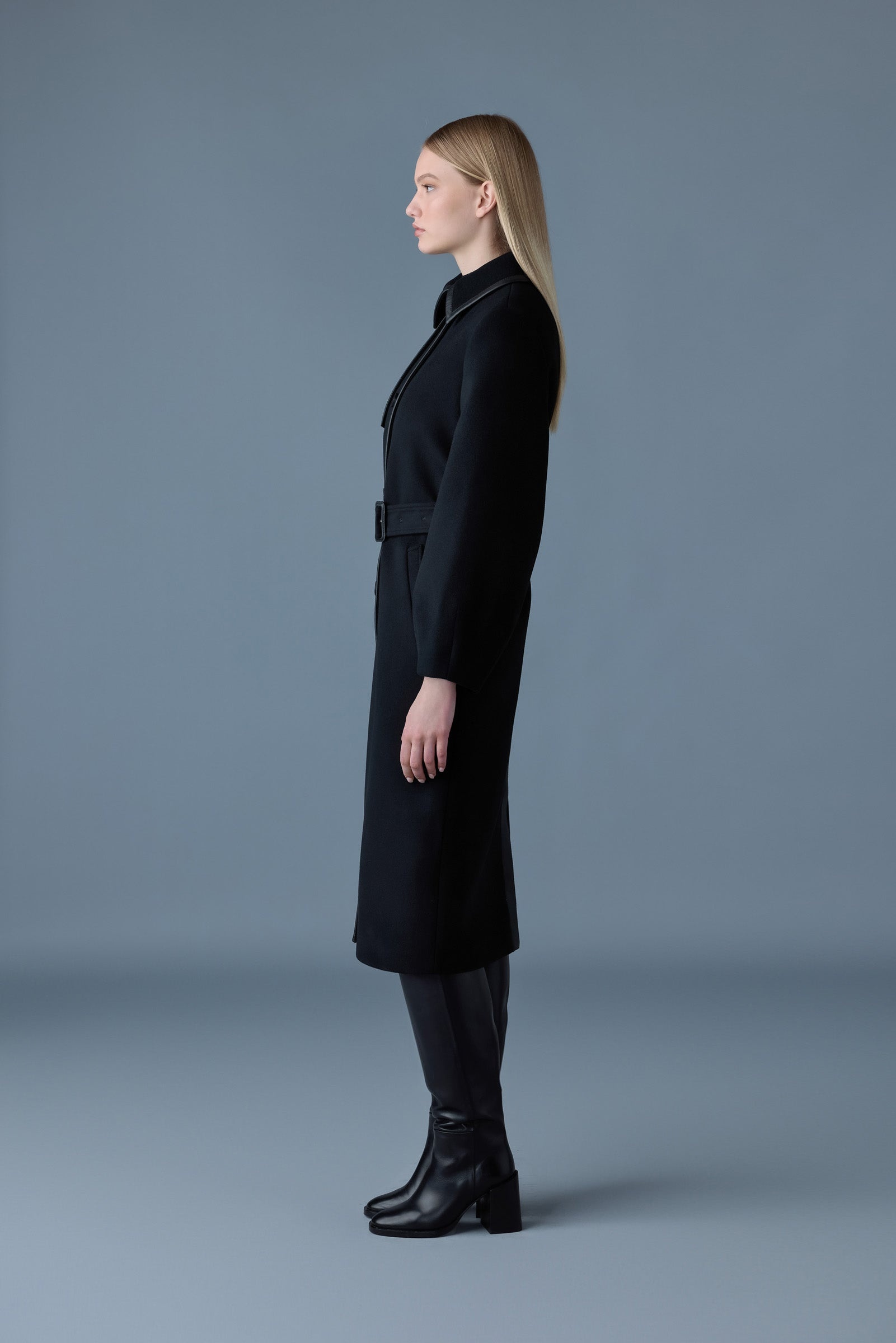 ZEVA Long wool balloon sleeve trench with leather detail - 3