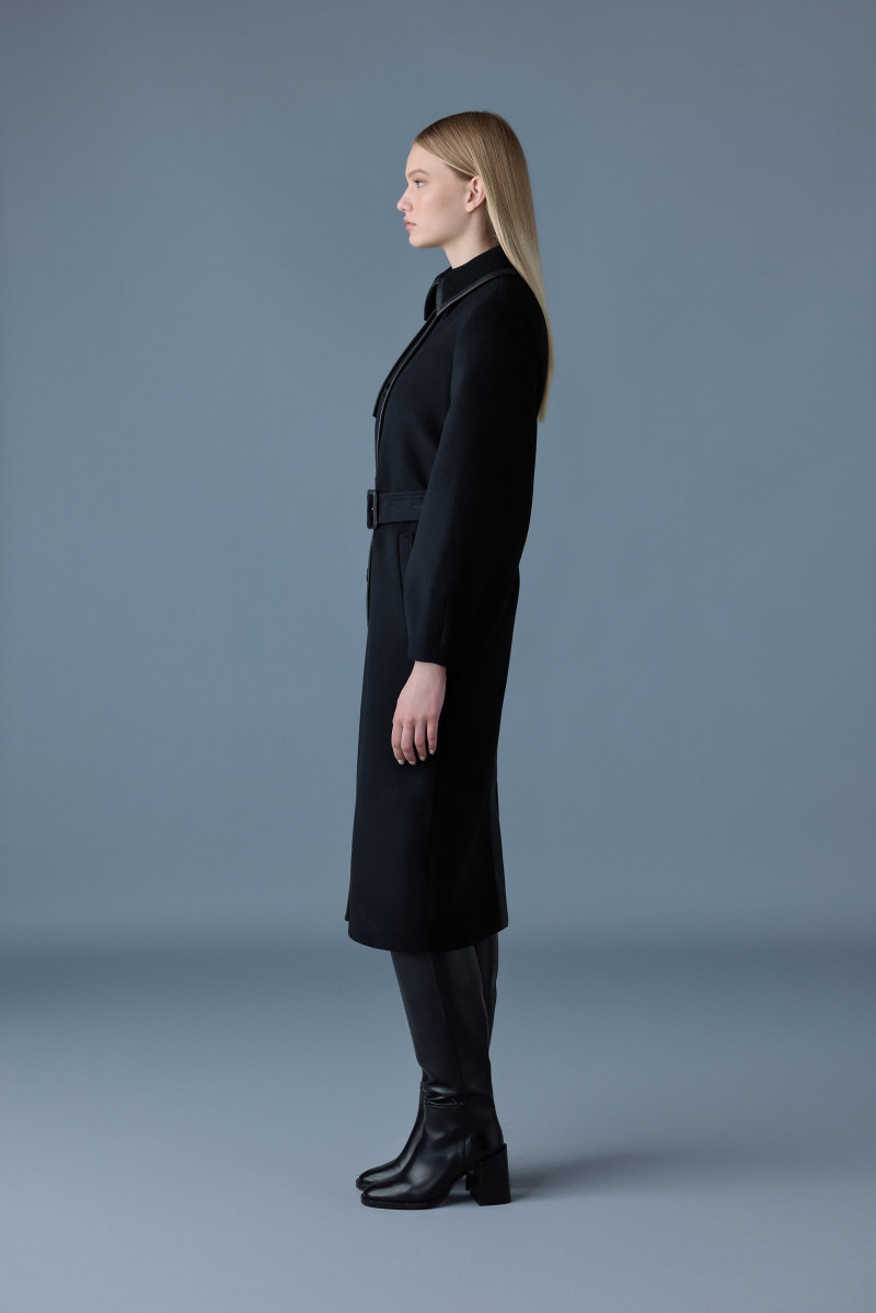 ZEVA Long wool balloon sleeve trench with leather detail 3