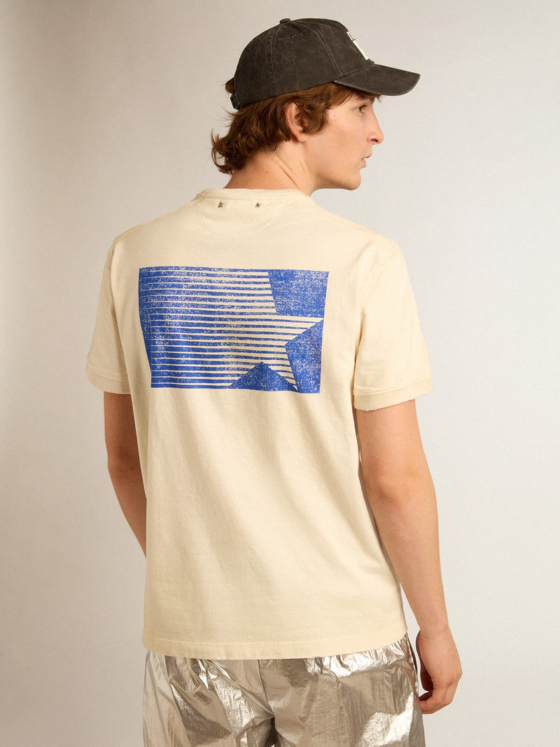 Aged white cotton T-shirt with blue Marathon logo 4