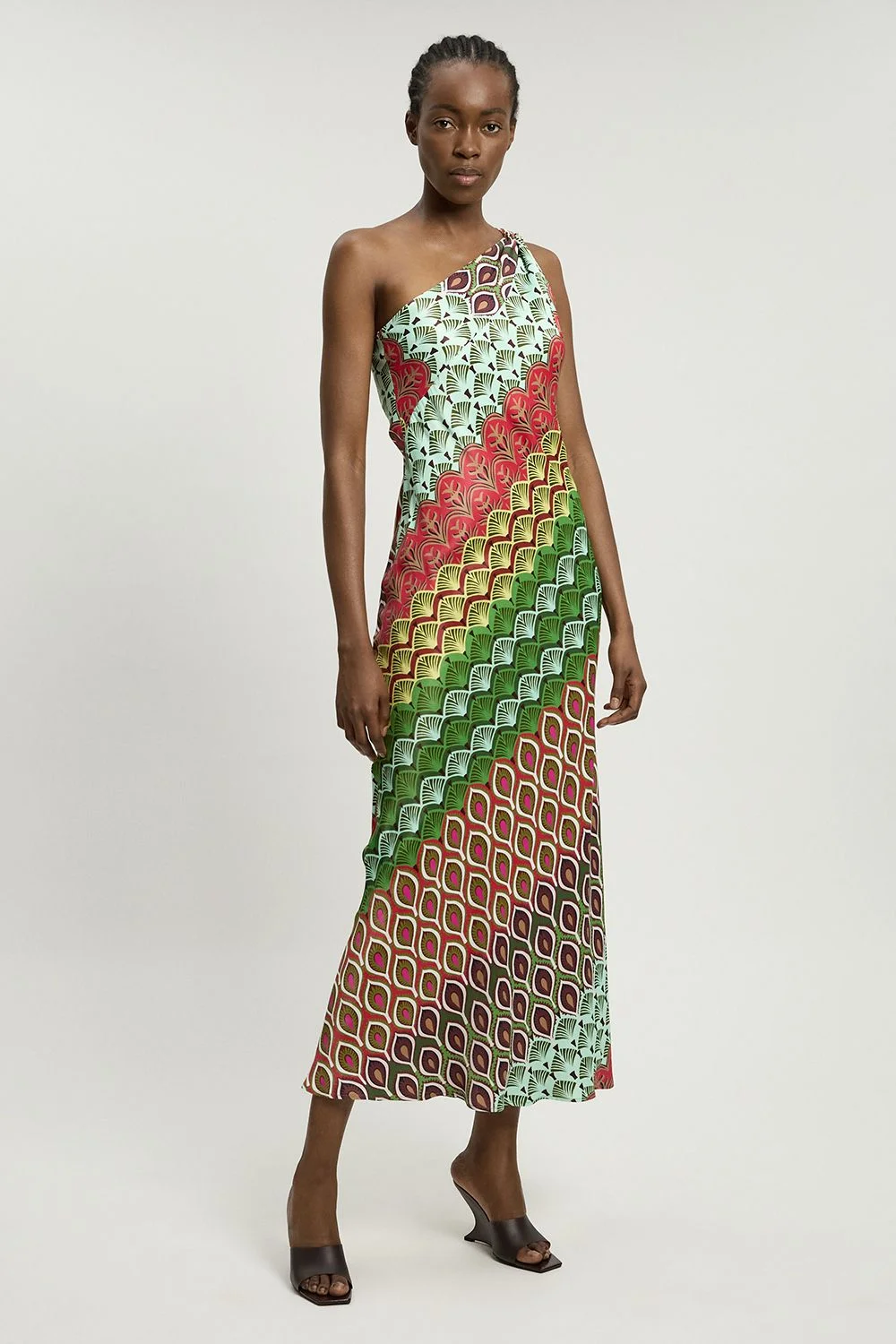 Satin Viscose Multi Print One Shoulder Maxi Dress - 1