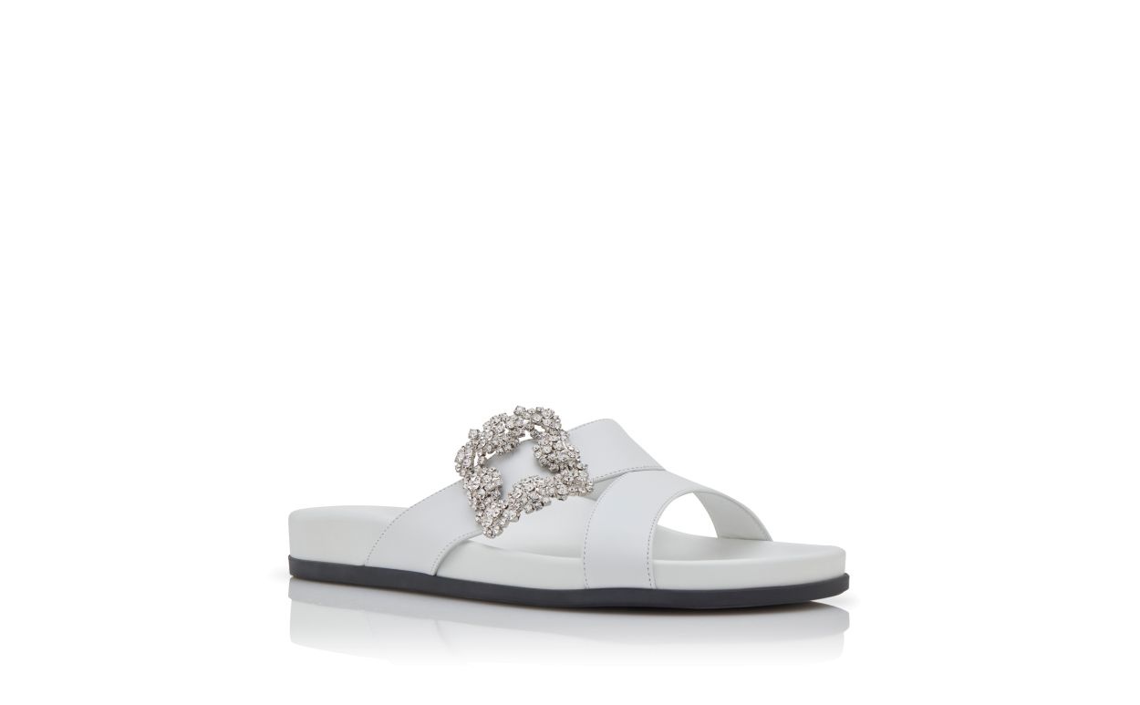 White Calf Leather Jewel Buckle Flat Mules - 3