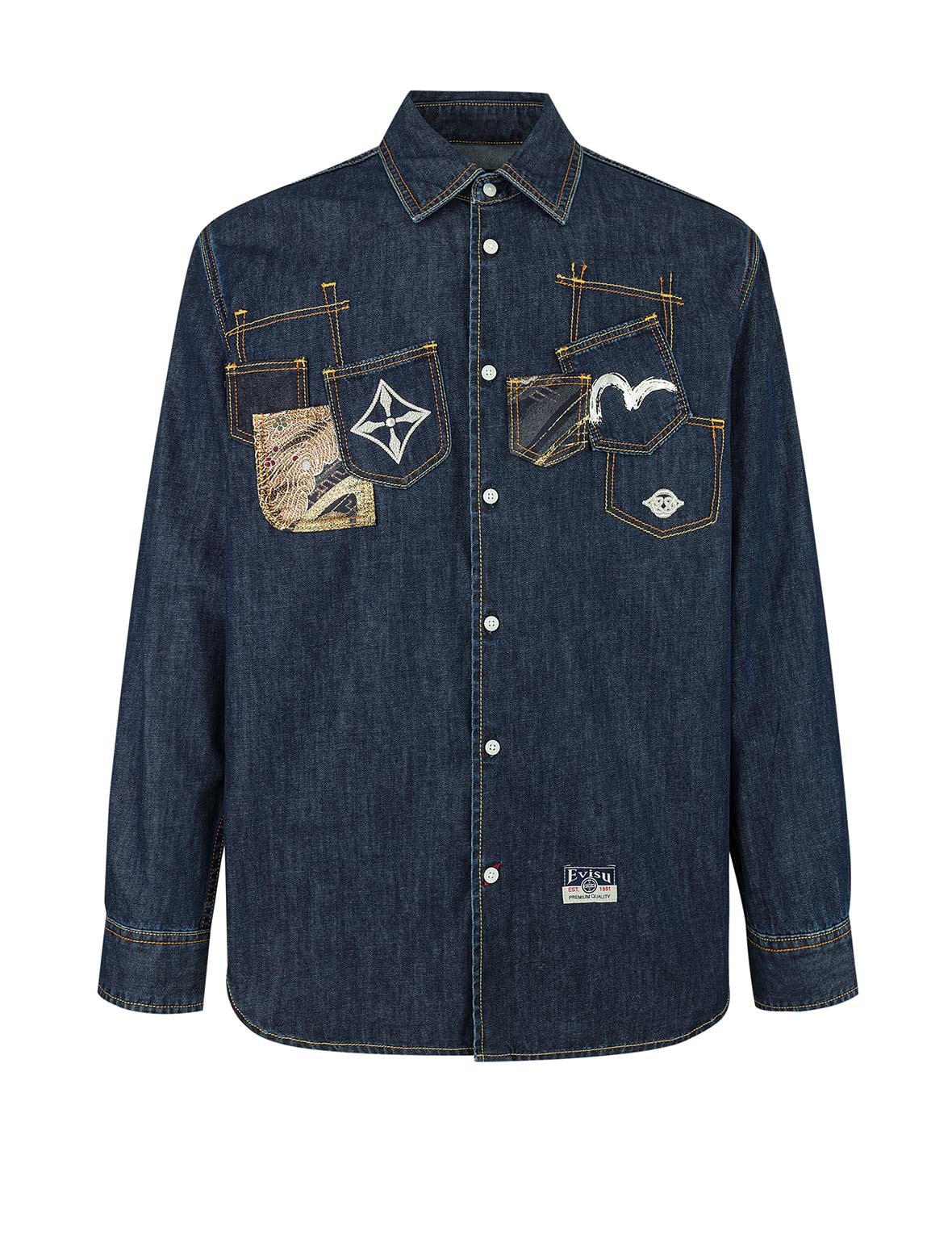 Multi-Pocket with Brocade Patch Relax Fit Denim Shirt - 13