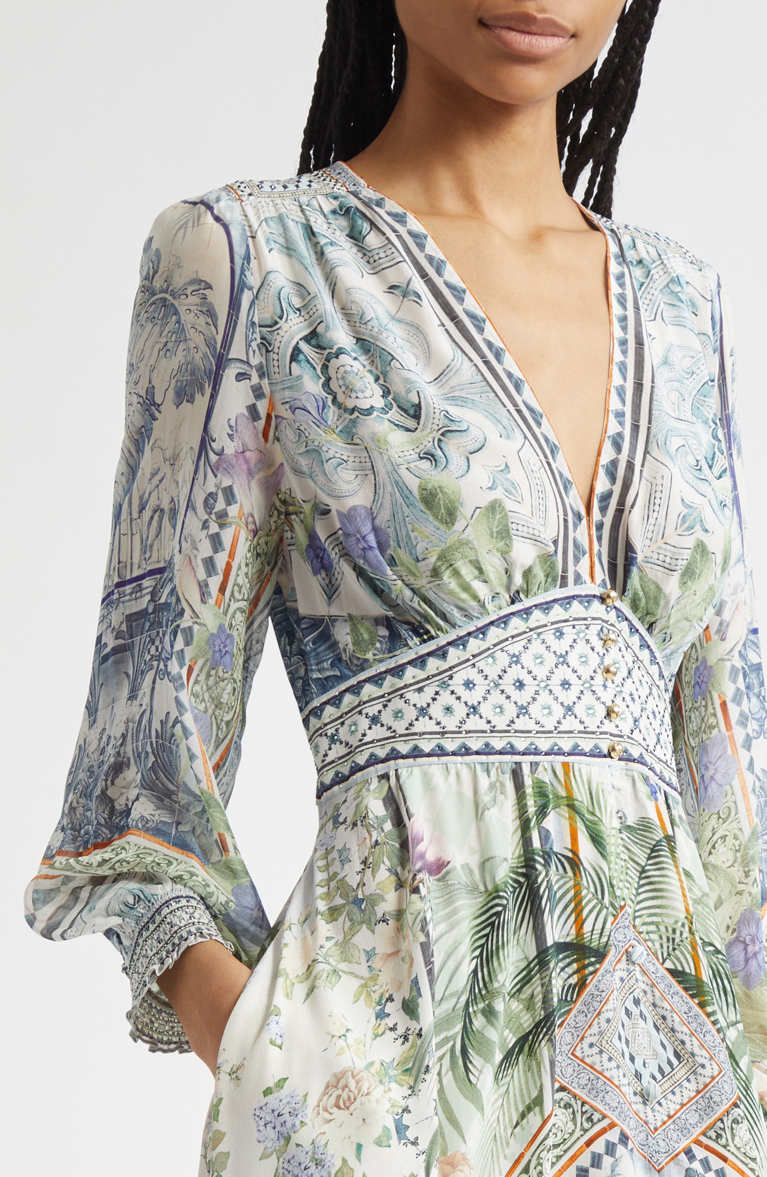 Camilla Button Front Silk Crepe Midi Dress in Jardim Party at Nordstrom - 4