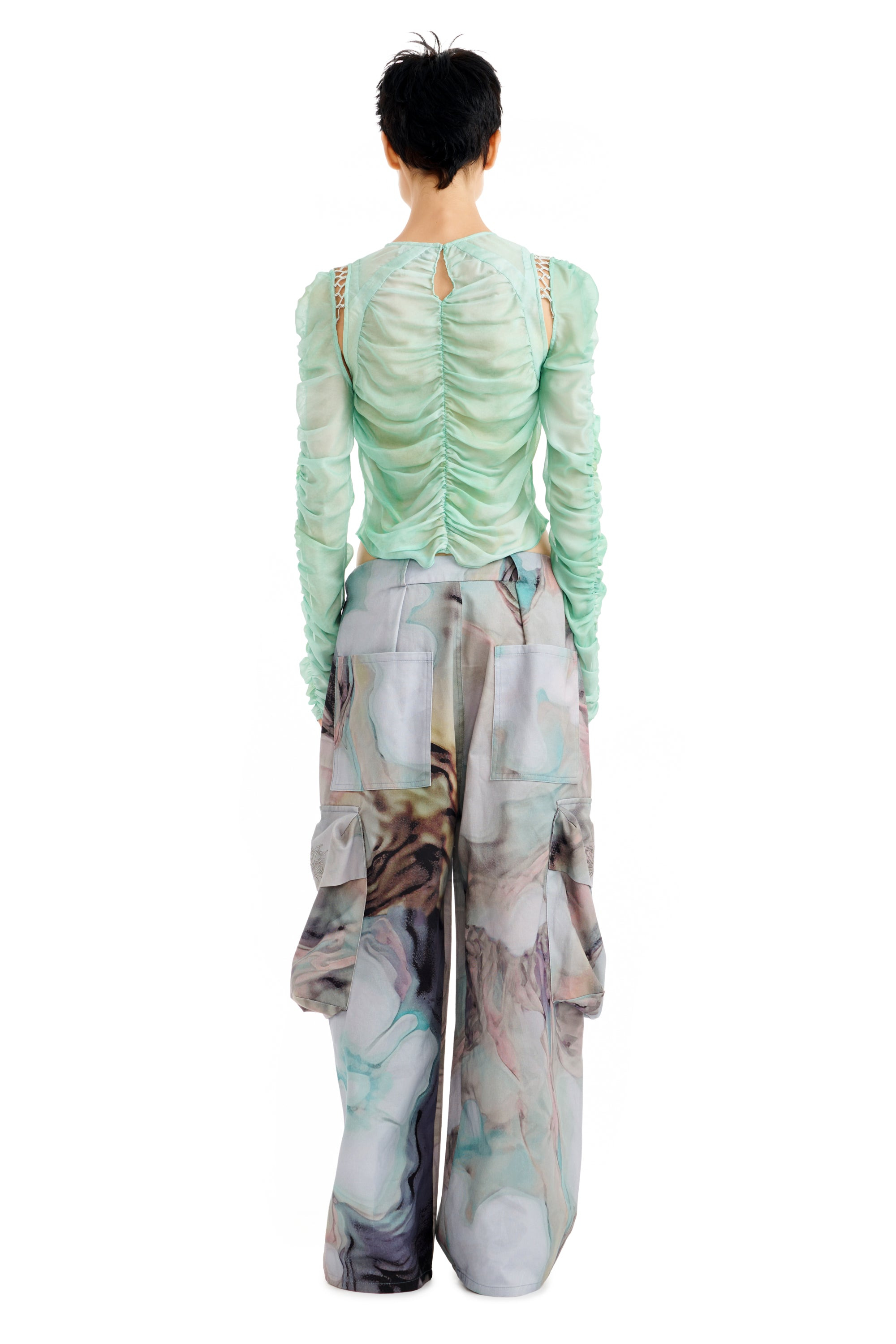RHINESTONE OIL MOLD PLEATED CARGO PANT - 5