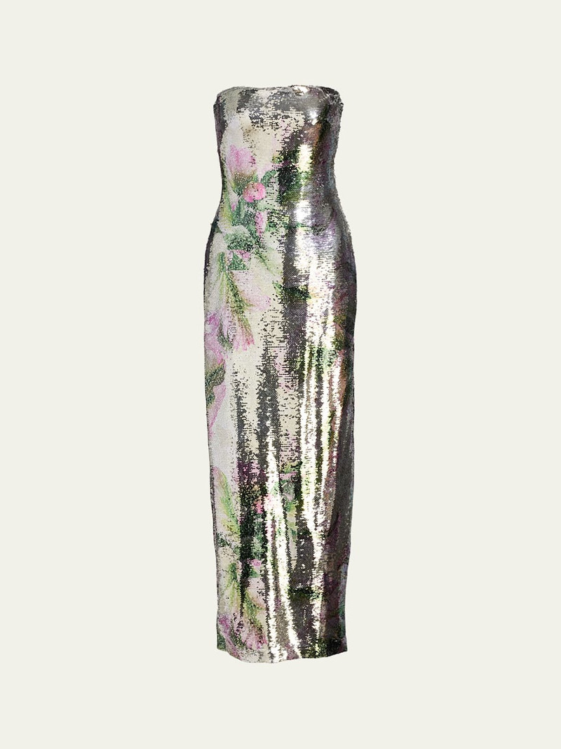 Floral-Print Sequined Strapless Column Gown 1