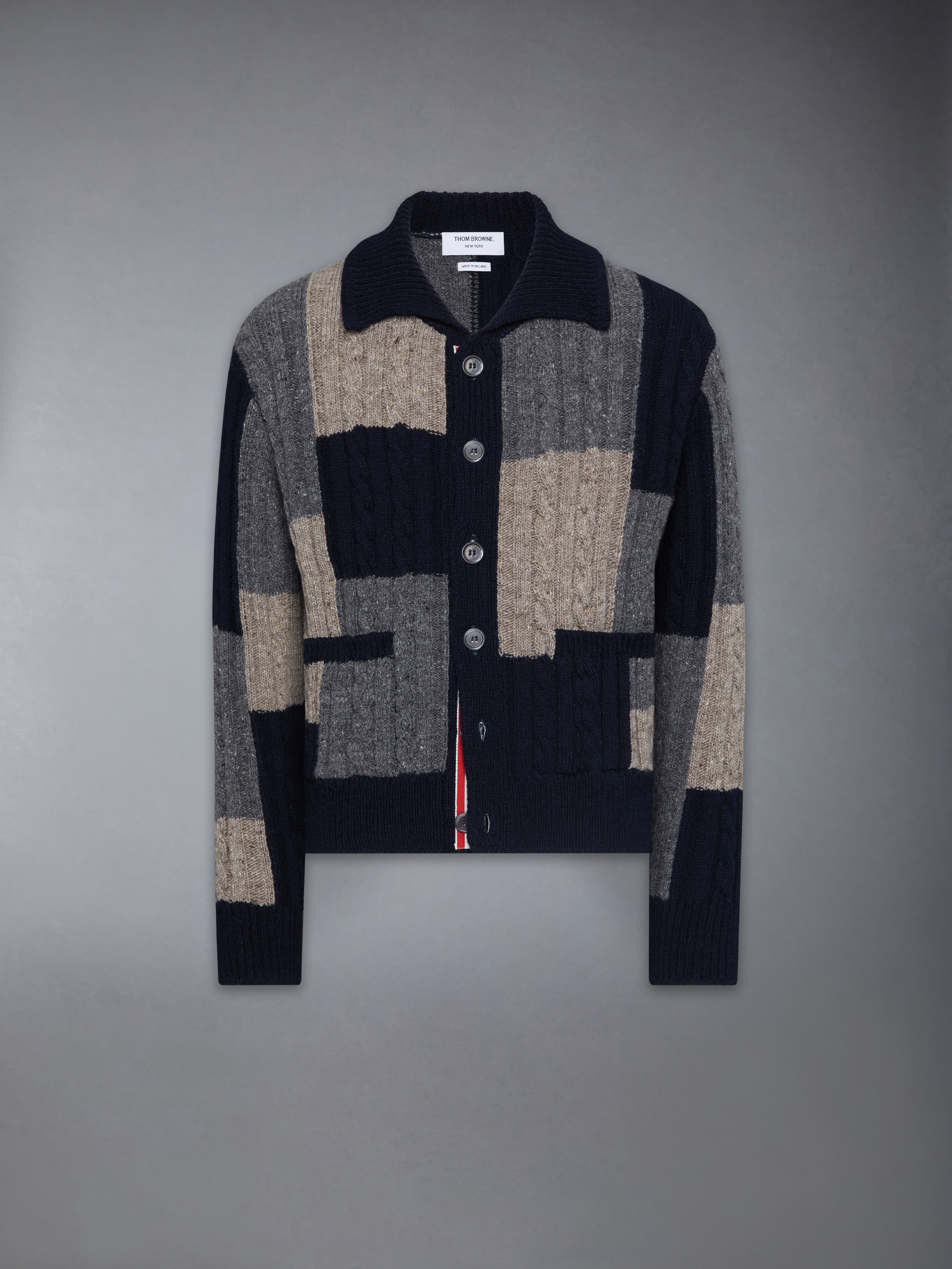 DONEGAL PATCHWORK INTARSIA MOCK NECK CARDIGAN - 1