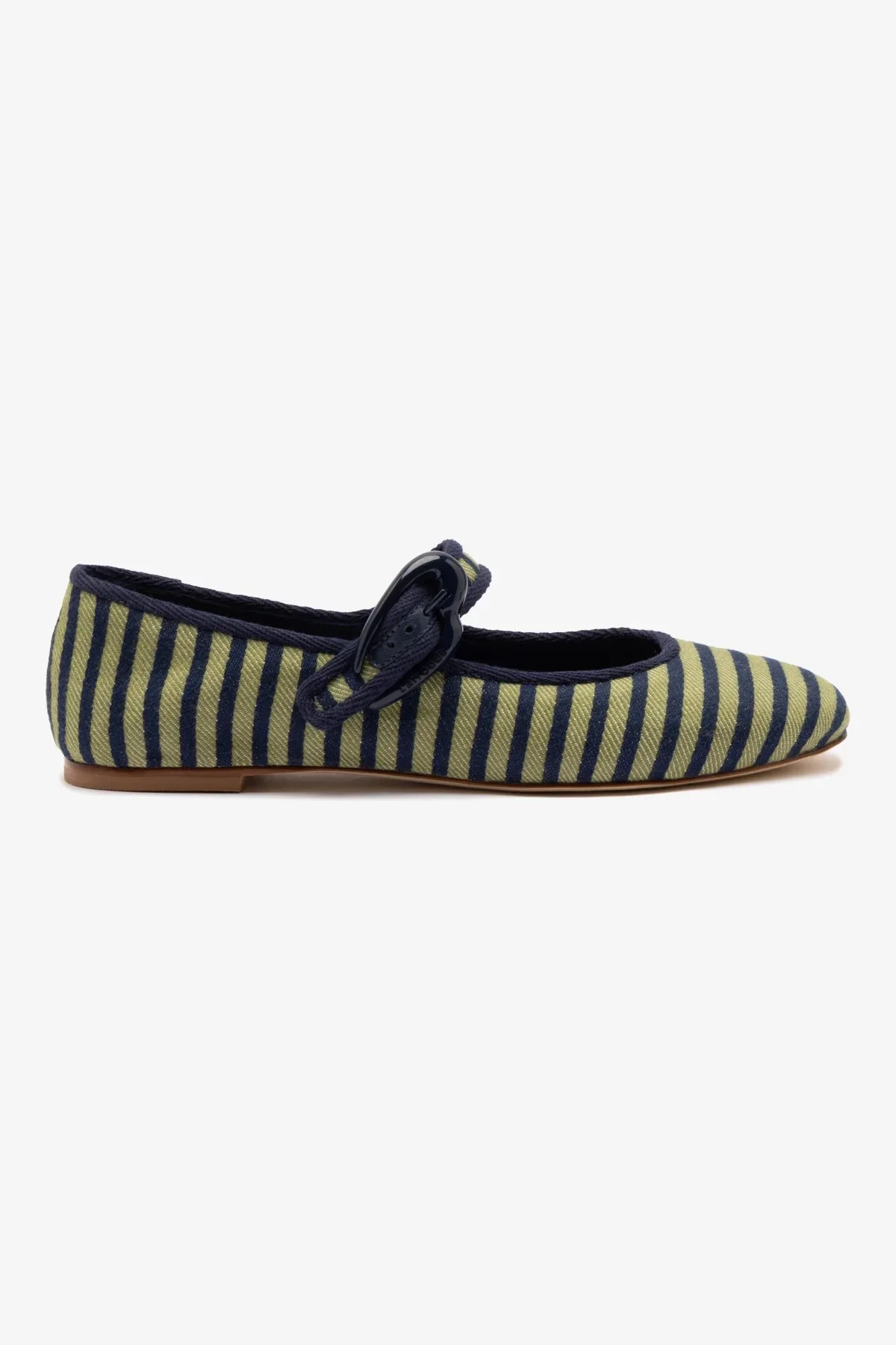 Verona Ballet Flat In Navy and Green Striped Fabric and Navy Trimming - 1
