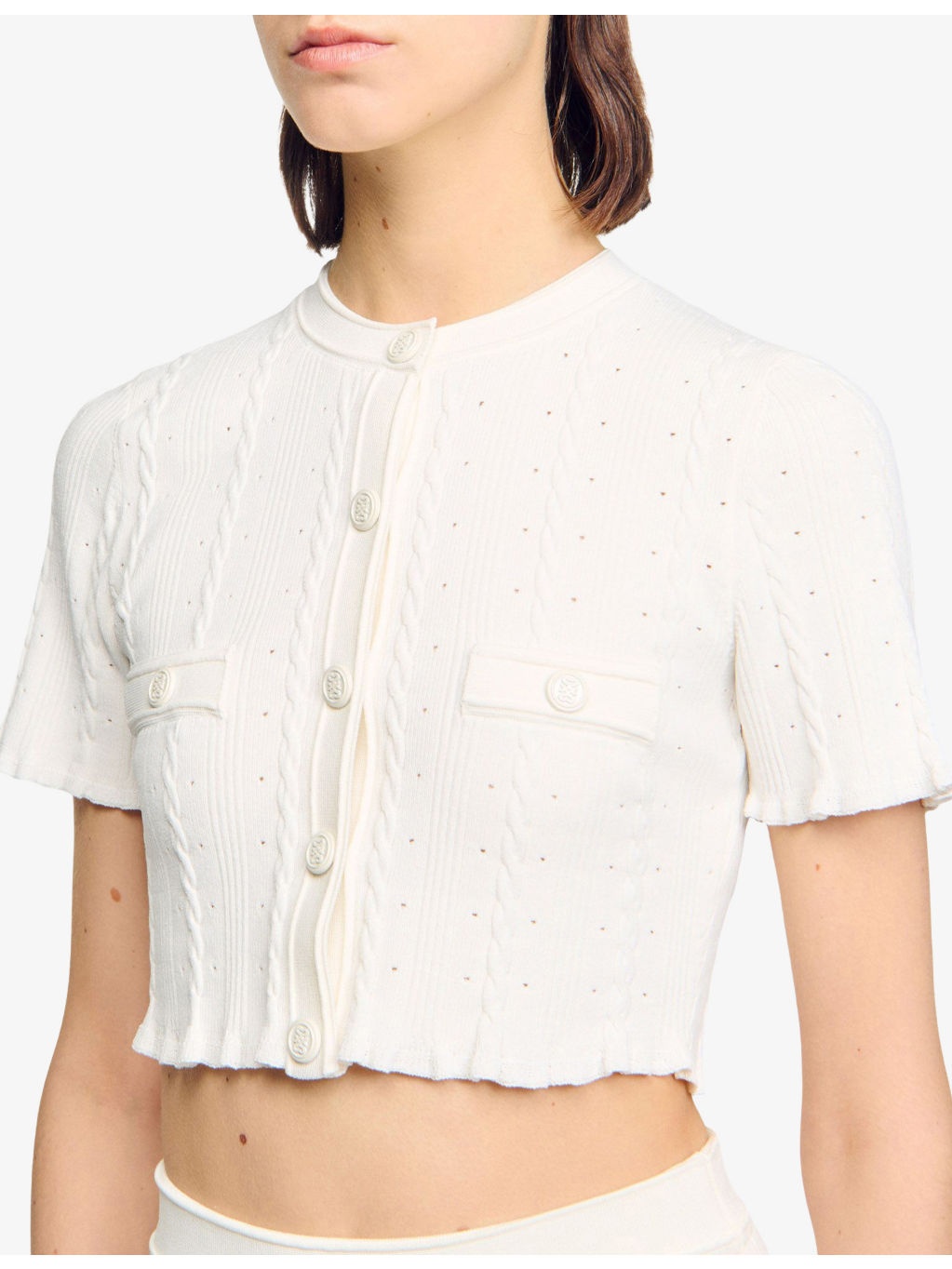 Cropped Pointelle-Texture Knitted Top - 5