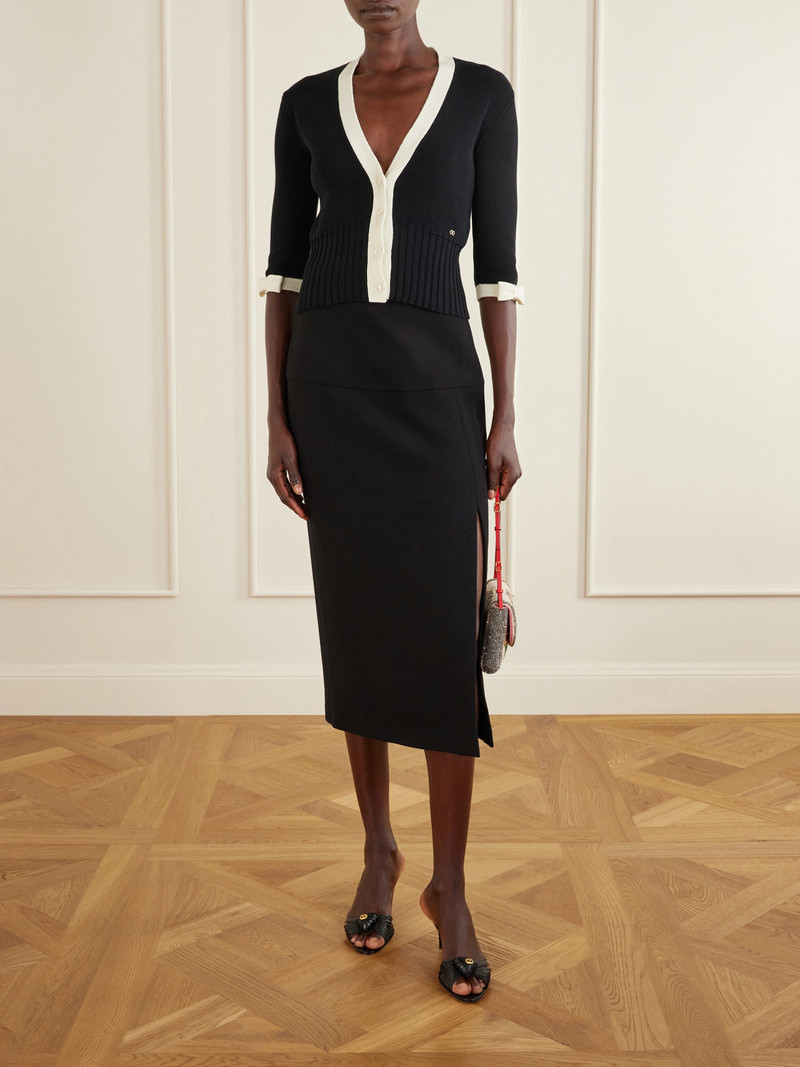 Valentino Cropped Bow-embellished Two-tone Ribbed-knit Cotton Cardigan outlook
